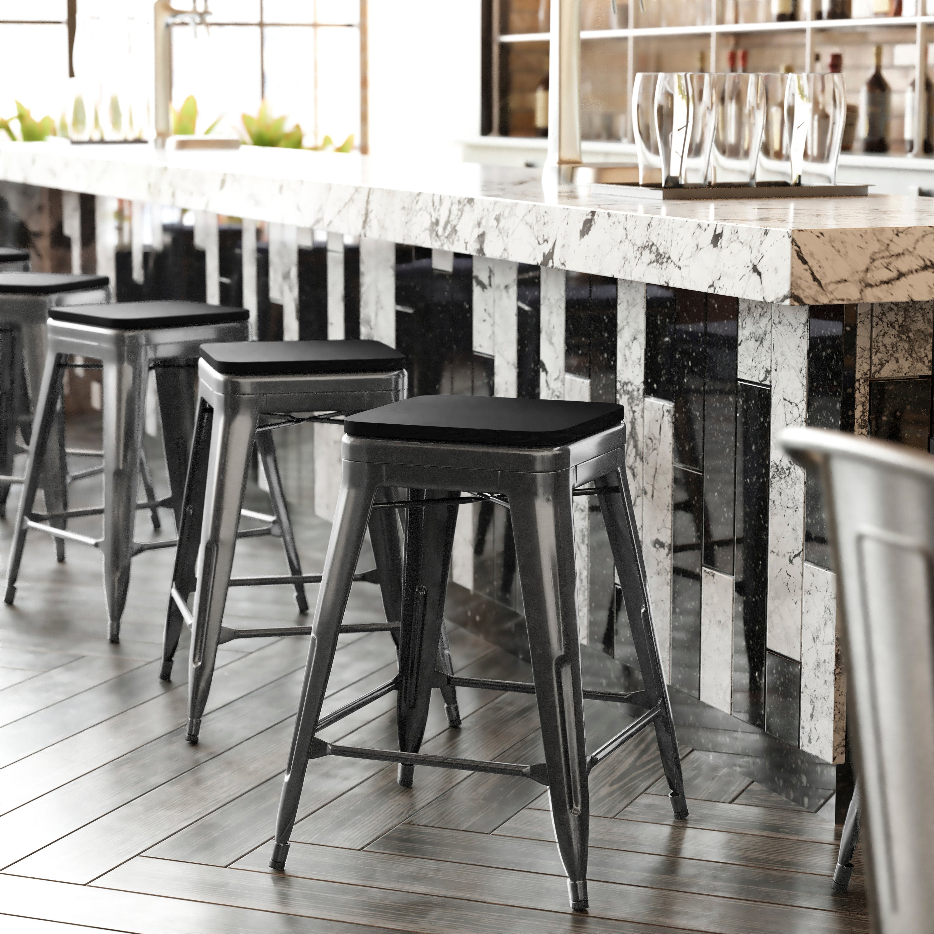 Kai Commercial Grade 24" High Backless Black Metal Indoor-Outdoor Counter Height Stool with Black Poly Resin Wood Seat