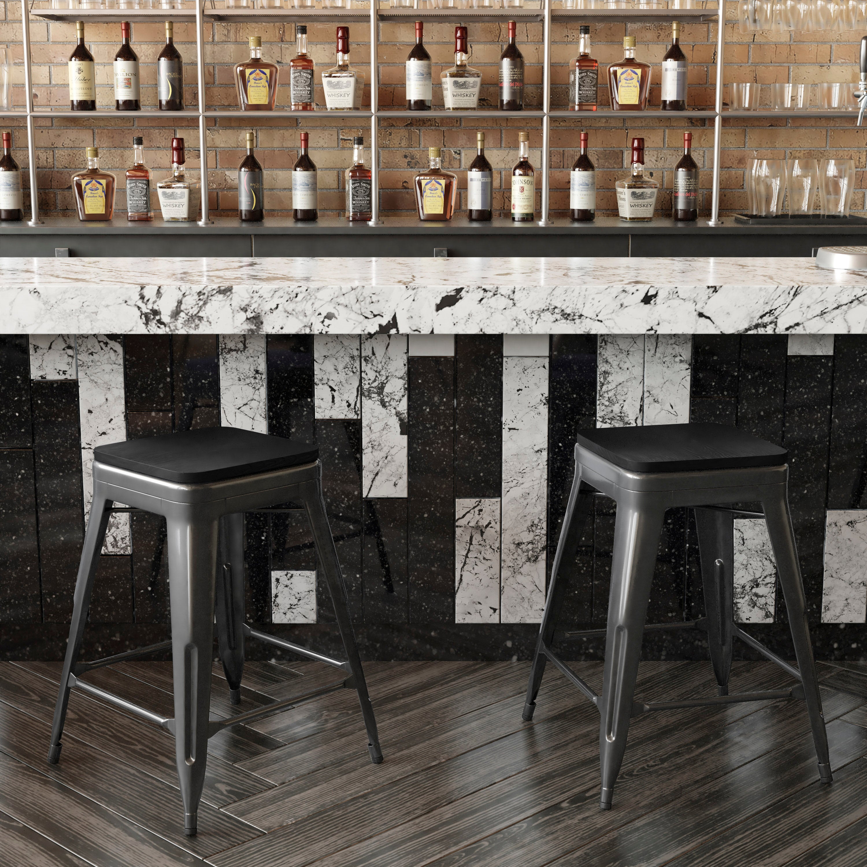 Kai Commercial Grade 24" High Backless Black Metal Indoor-Outdoor Counter Height Stool with Black Poly Resin Wood Seat