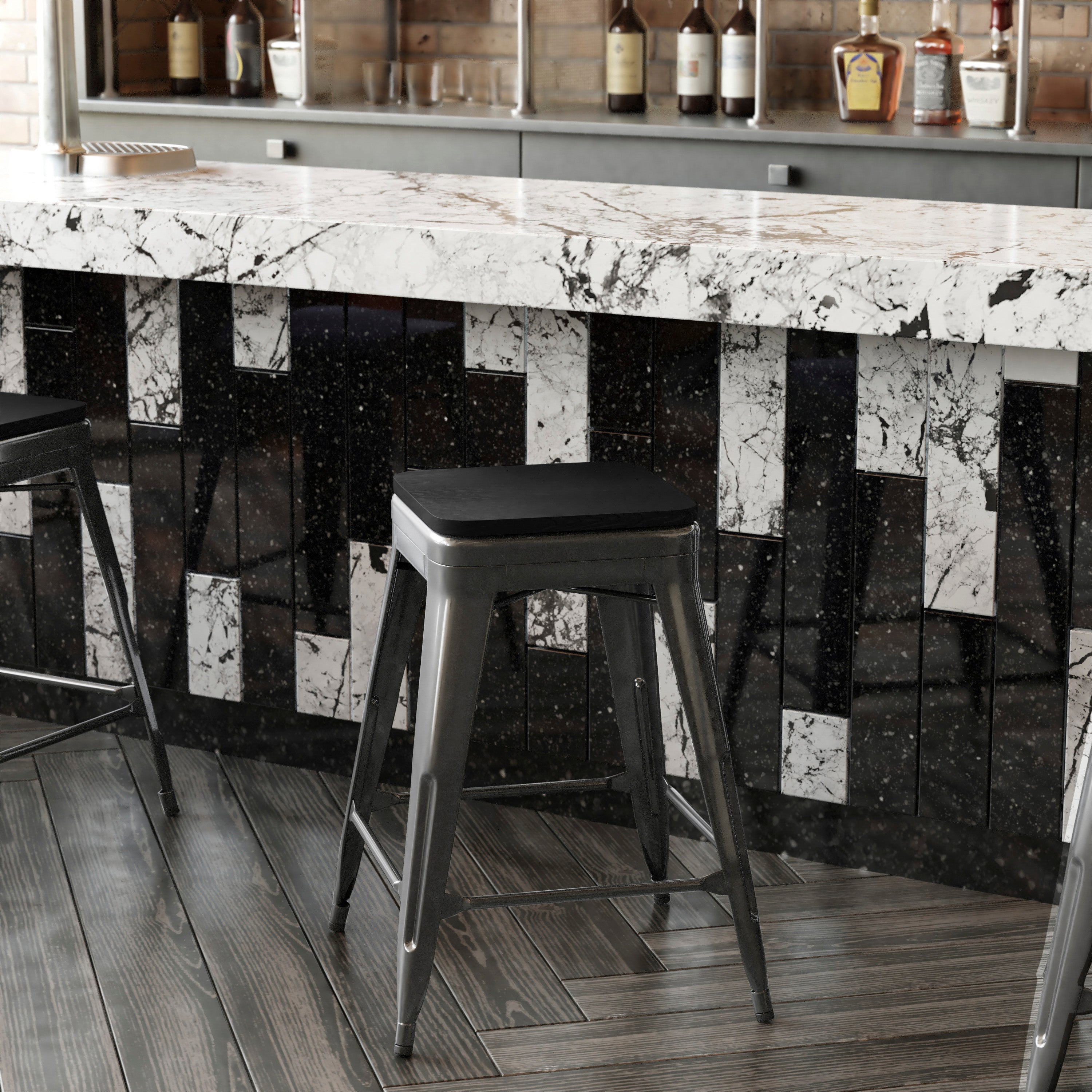 Kai Commercial Grade 24" High Backless Black Metal Indoor-Outdoor Counter Height Stool with Black Poly Resin Wood Seat