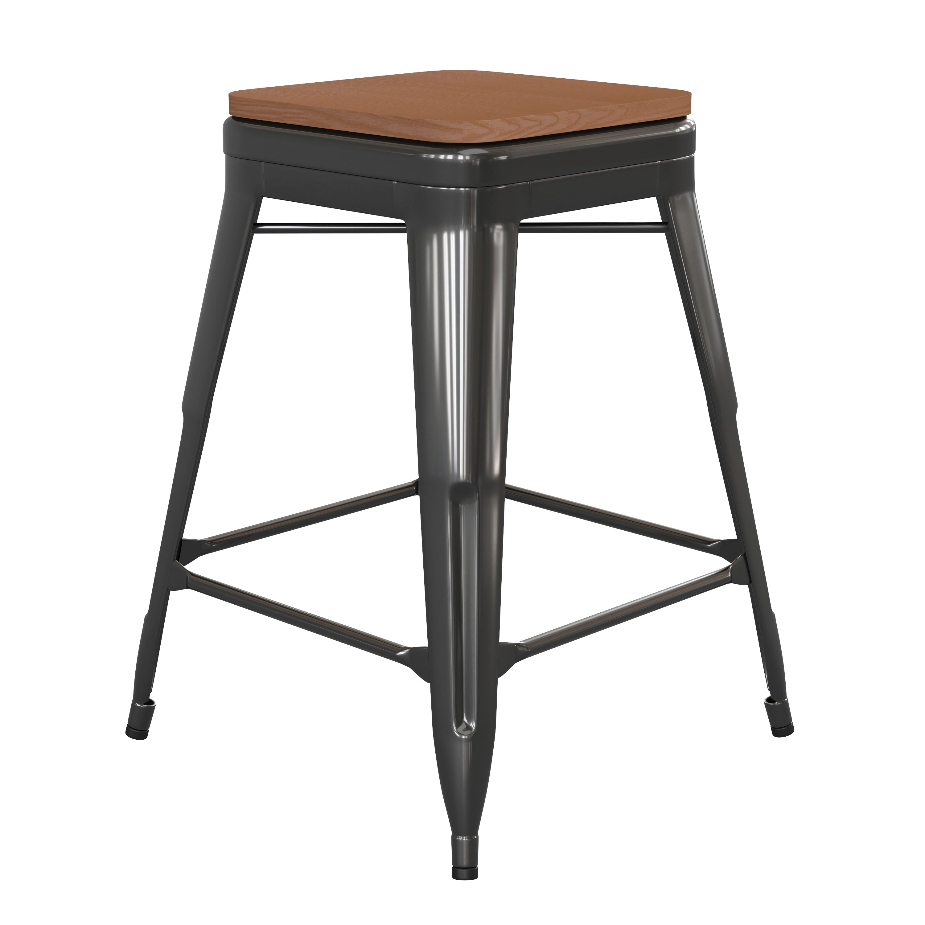Kai Commercial Grade 24" High Backless Black Metal Indoor-Outdoor Counter Height Stool with Teak Poly Resin Wood Seat