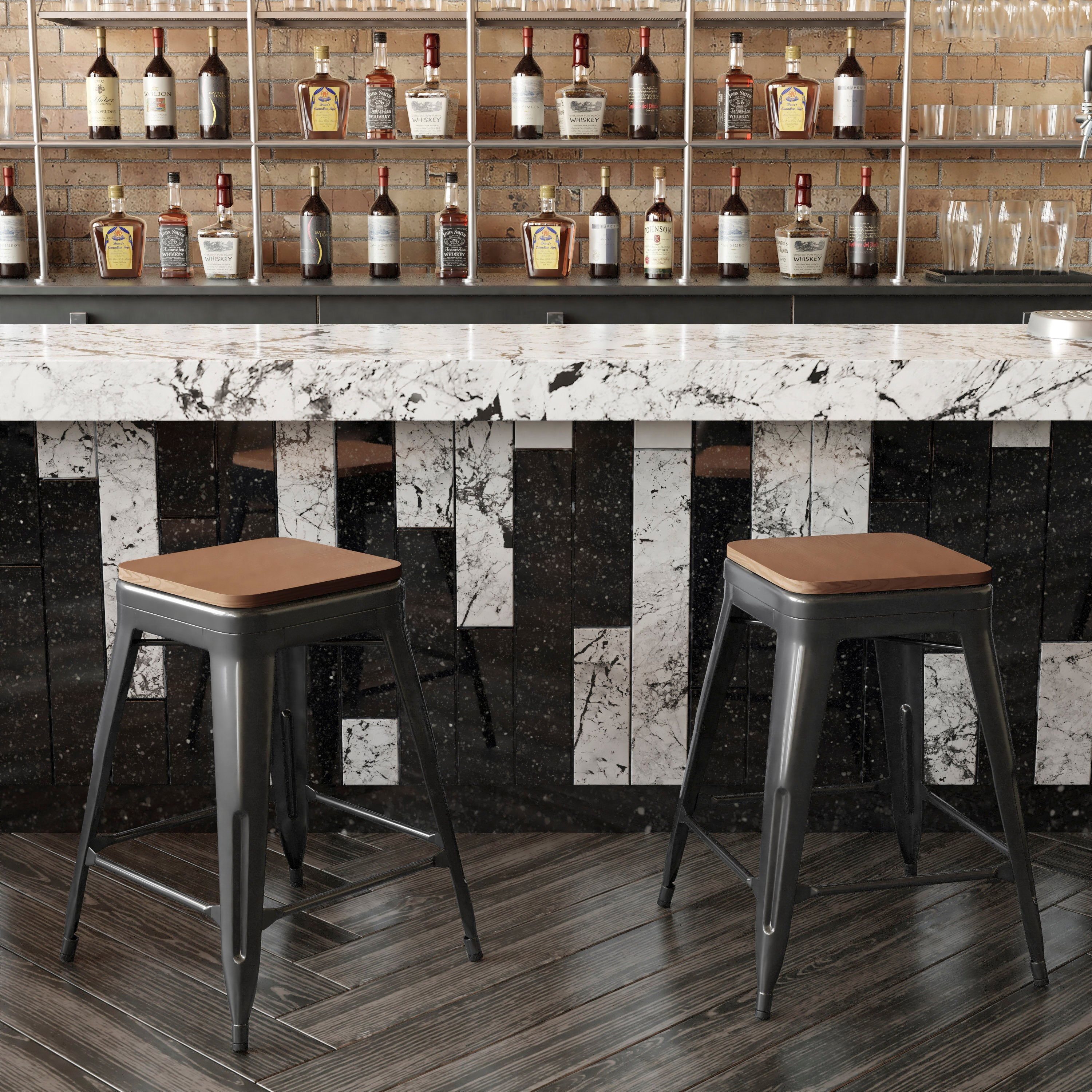 Kai Commercial Grade 24" High Backless Black Metal Indoor-Outdoor Counter Height Stool with Teak Poly Resin Wood Seat