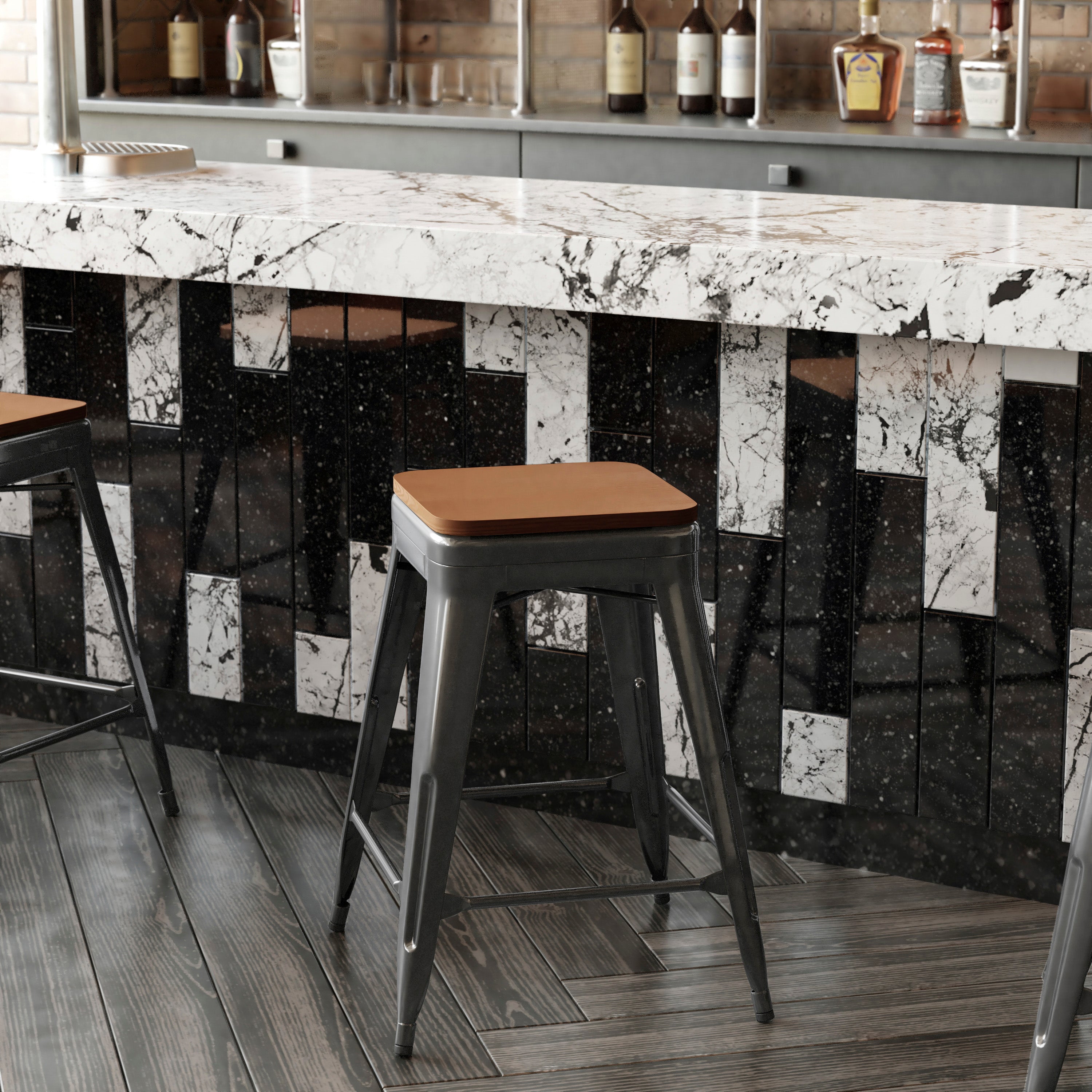 Kai Commercial Grade 24" High Backless Black Metal Indoor-Outdoor Counter Height Stool with Teak Poly Resin Wood Seat