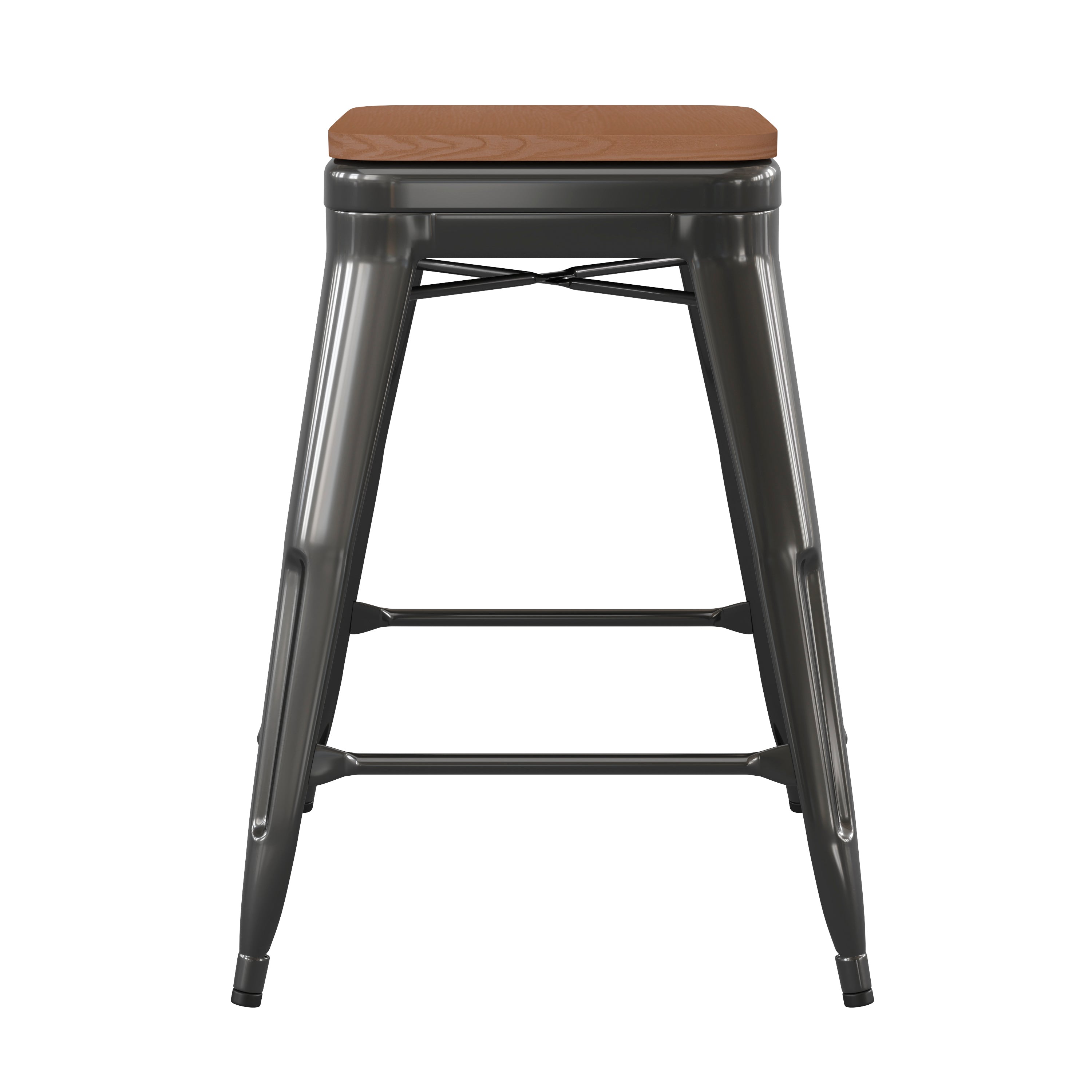 Kai Commercial Grade 24" High Backless Black Metal Indoor-Outdoor Counter Height Stool with Teak Poly Resin Wood Seat