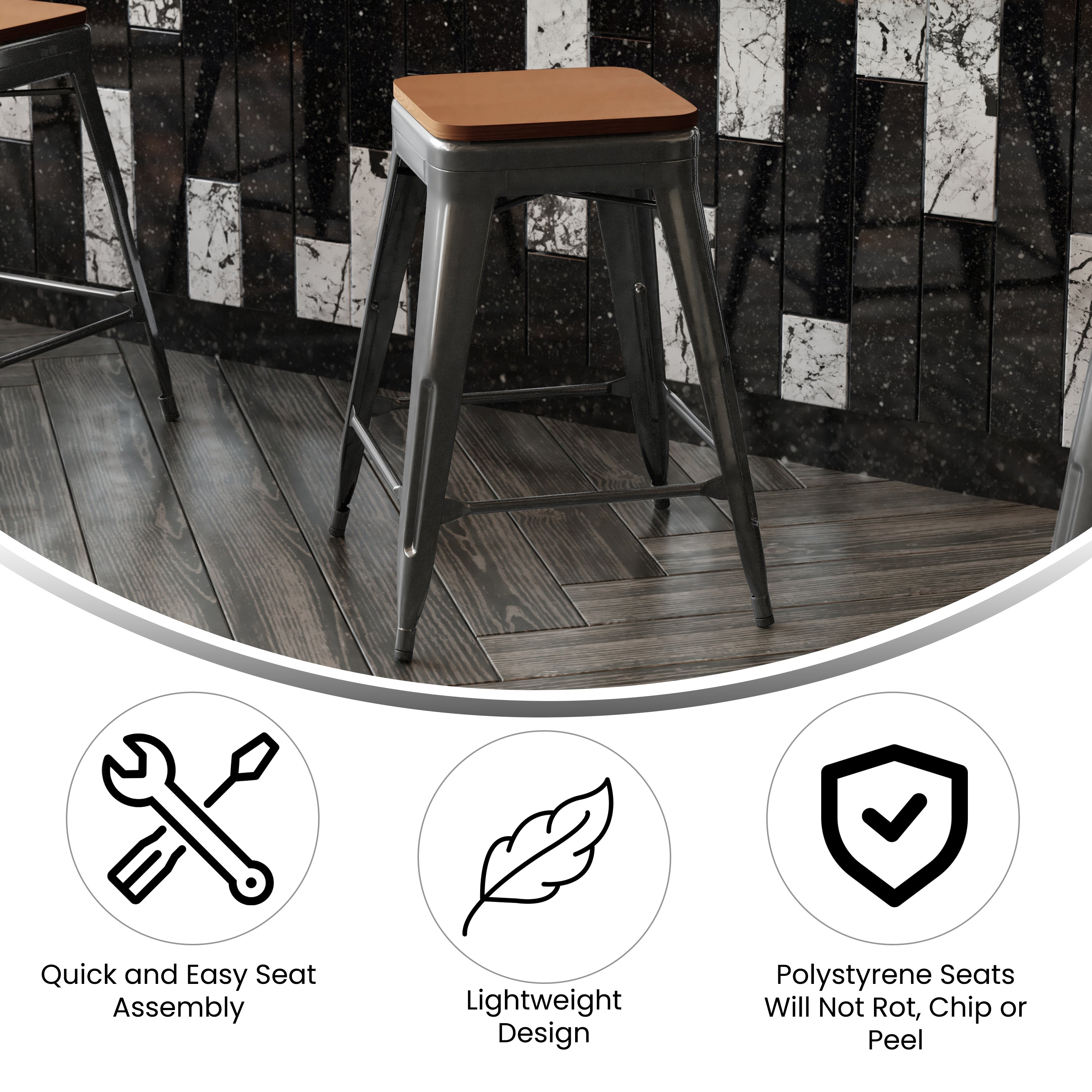 Kai Commercial Grade 24" High Backless Black Metal Indoor-Outdoor Counter Height Stool with Teak Poly Resin Wood Seat