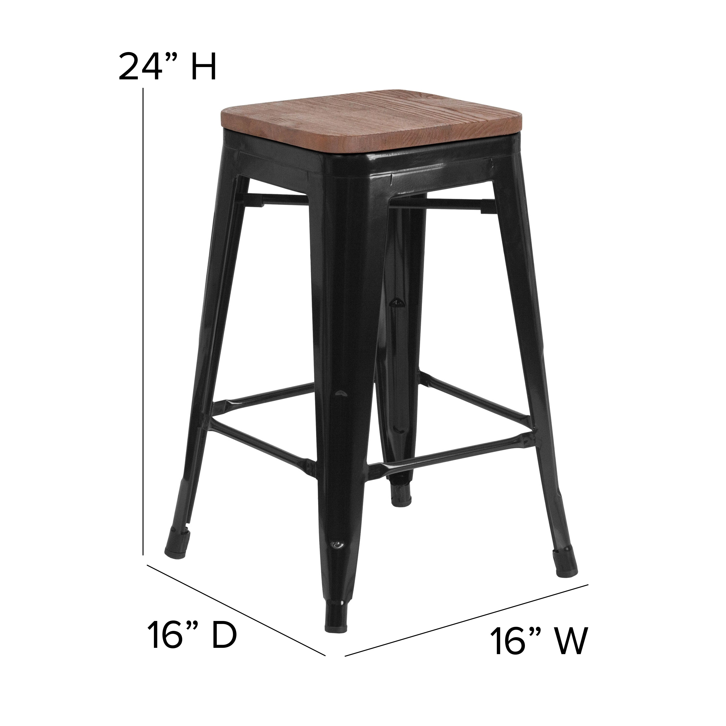 Lily 24" High Backless Black Metal Counter Height Stool with Square Wood Seat