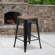 Lily 24" High Backless Black Metal Counter Height Stool with Square Wood Seat