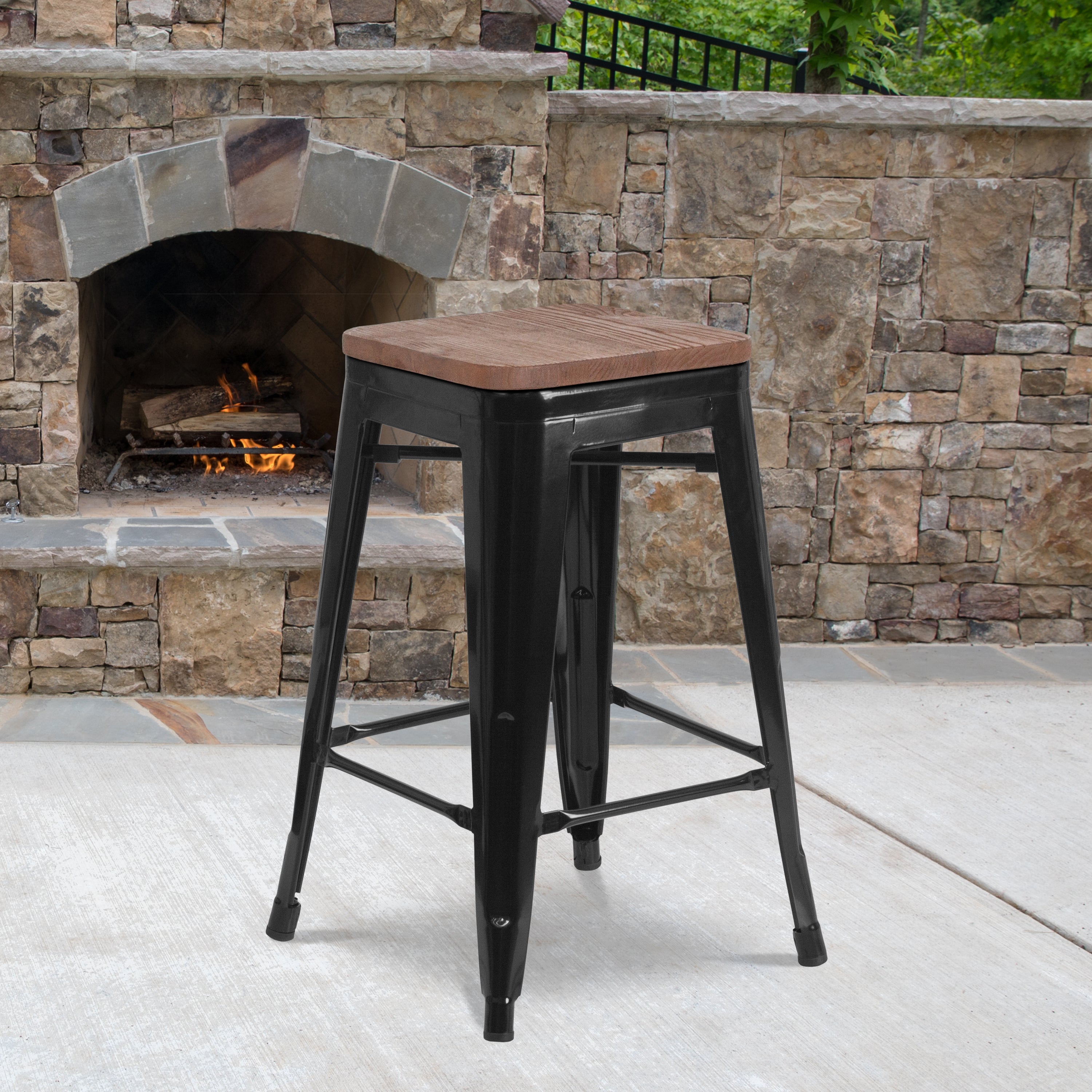 Lily 24" High Backless Black Metal Counter Height Stool with Square Wood Seat