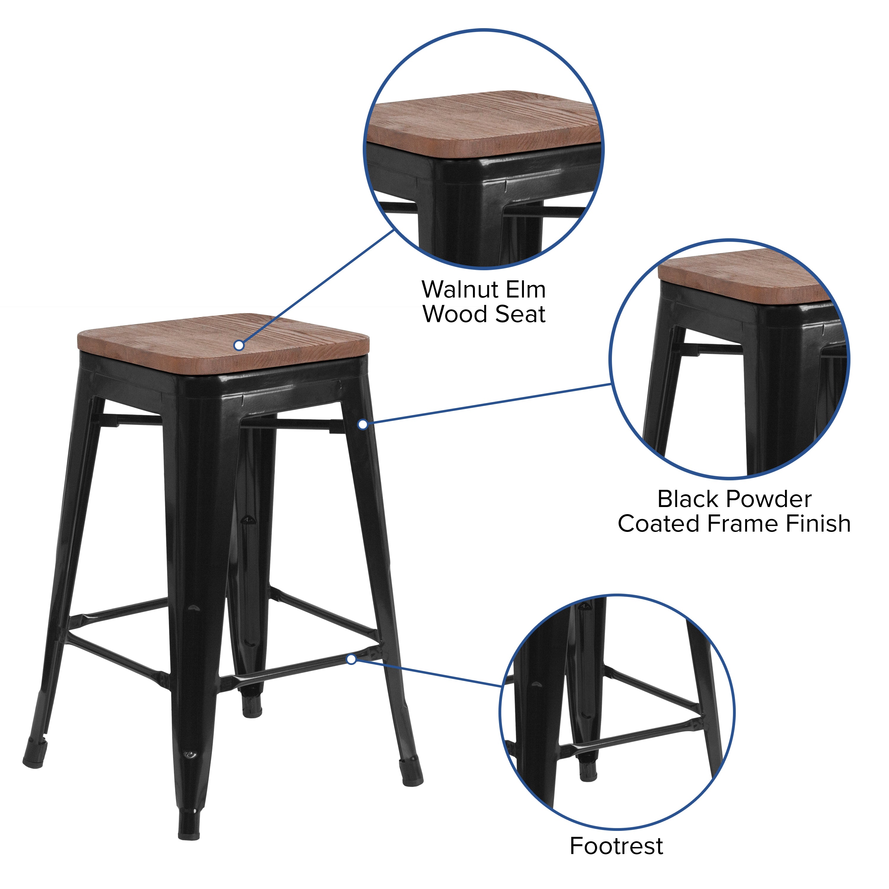 Lily 24" High Backless Black Metal Counter Height Stool with Square Wood Seat