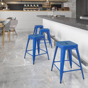 Kai Commercial Grade 24" High Backless Blue Metal Indoor-Outdoor Counter Height Stool with Square Seat