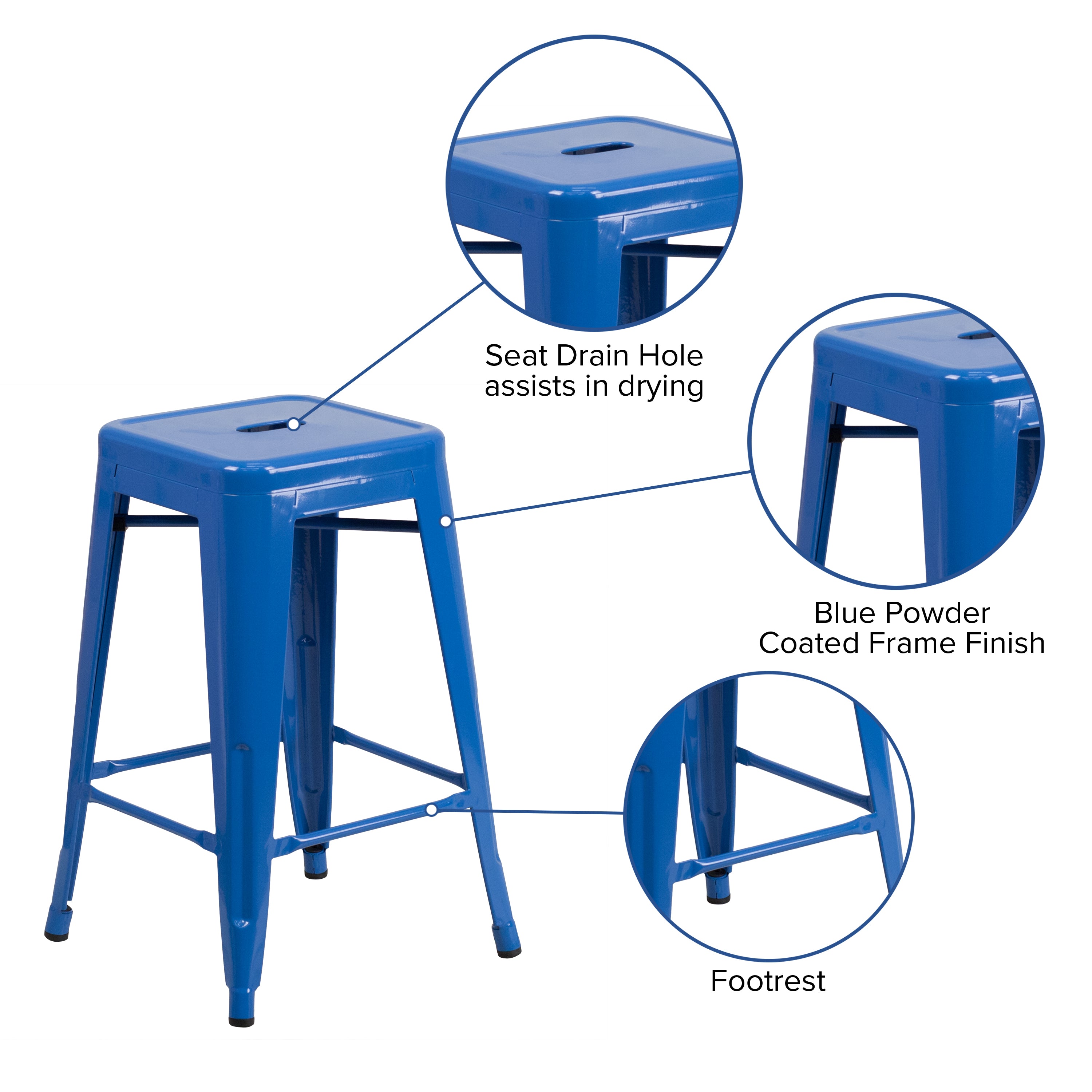 Kai Commercial Grade 24" High Backless Blue Metal Indoor-Outdoor Counter Height Stool with Square Seat