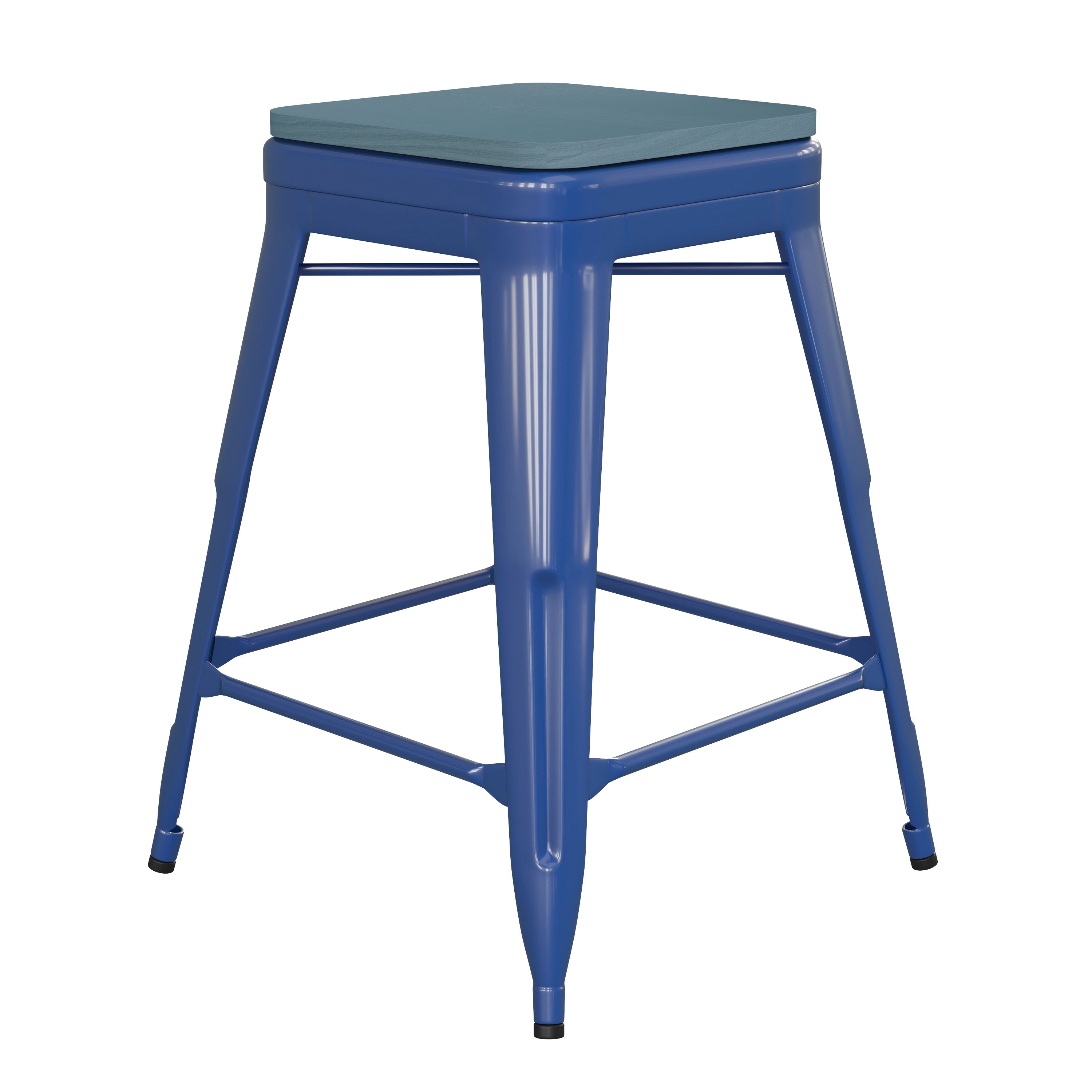 Kai Commercial Grade 24" High Backless Blue Metal Indoor-Outdoor Counter Height Stool with Teal-Blue Poly Resin Wood Seat