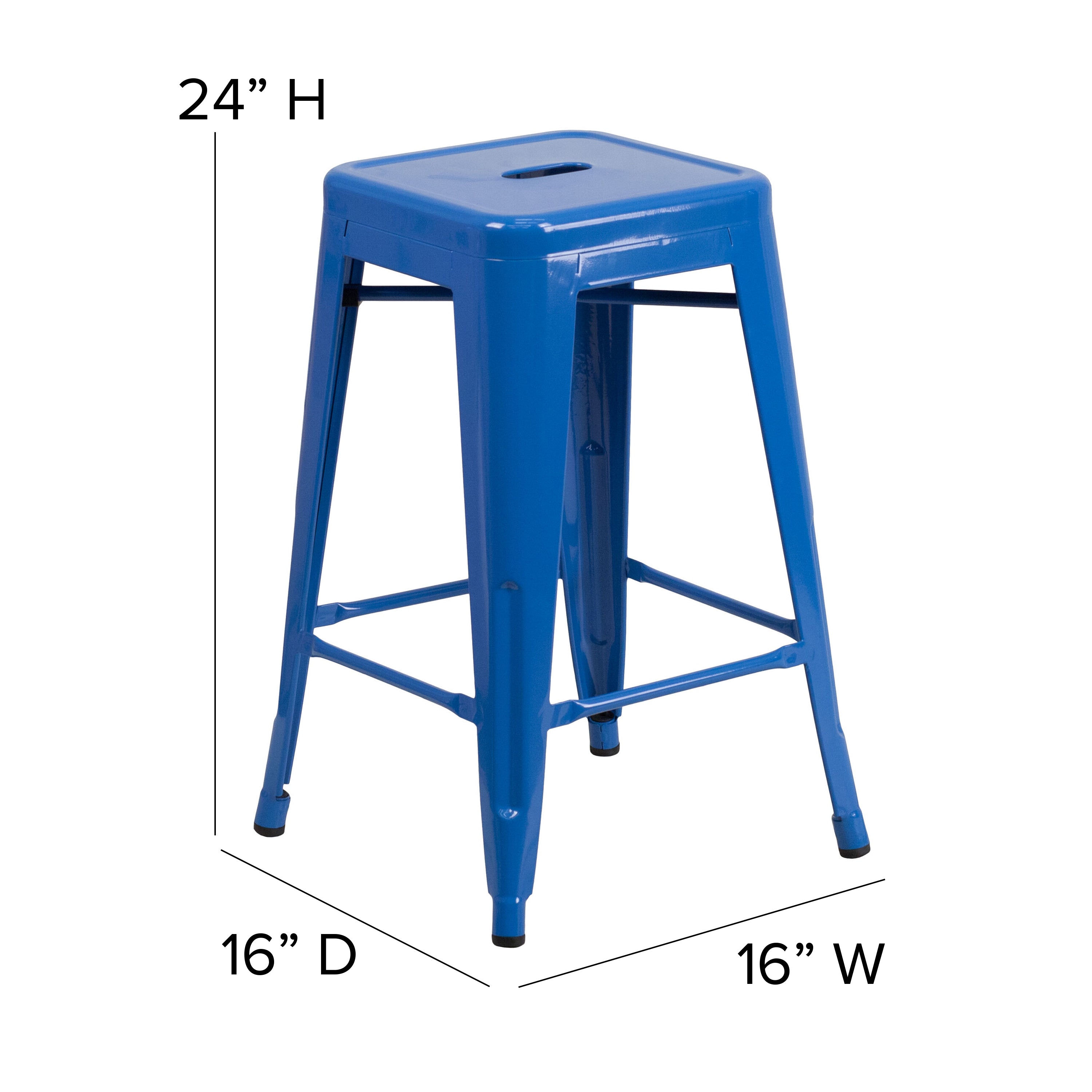 Kai Commercial Grade 24" High Backless Blue Metal Indoor-Outdoor Counter Height Stool with Teal-Blue Poly Resin Wood Seat