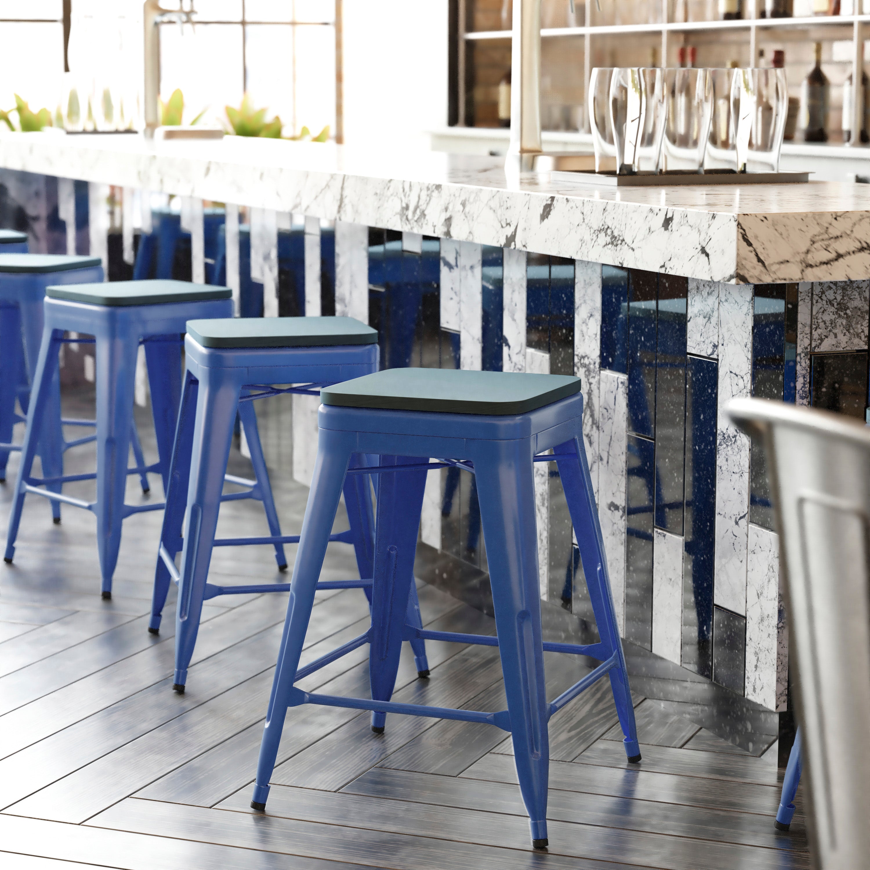 Kai Commercial Grade 24" High Backless Blue Metal Indoor-Outdoor Counter Height Stool with Teal-Blue Poly Resin Wood Seat