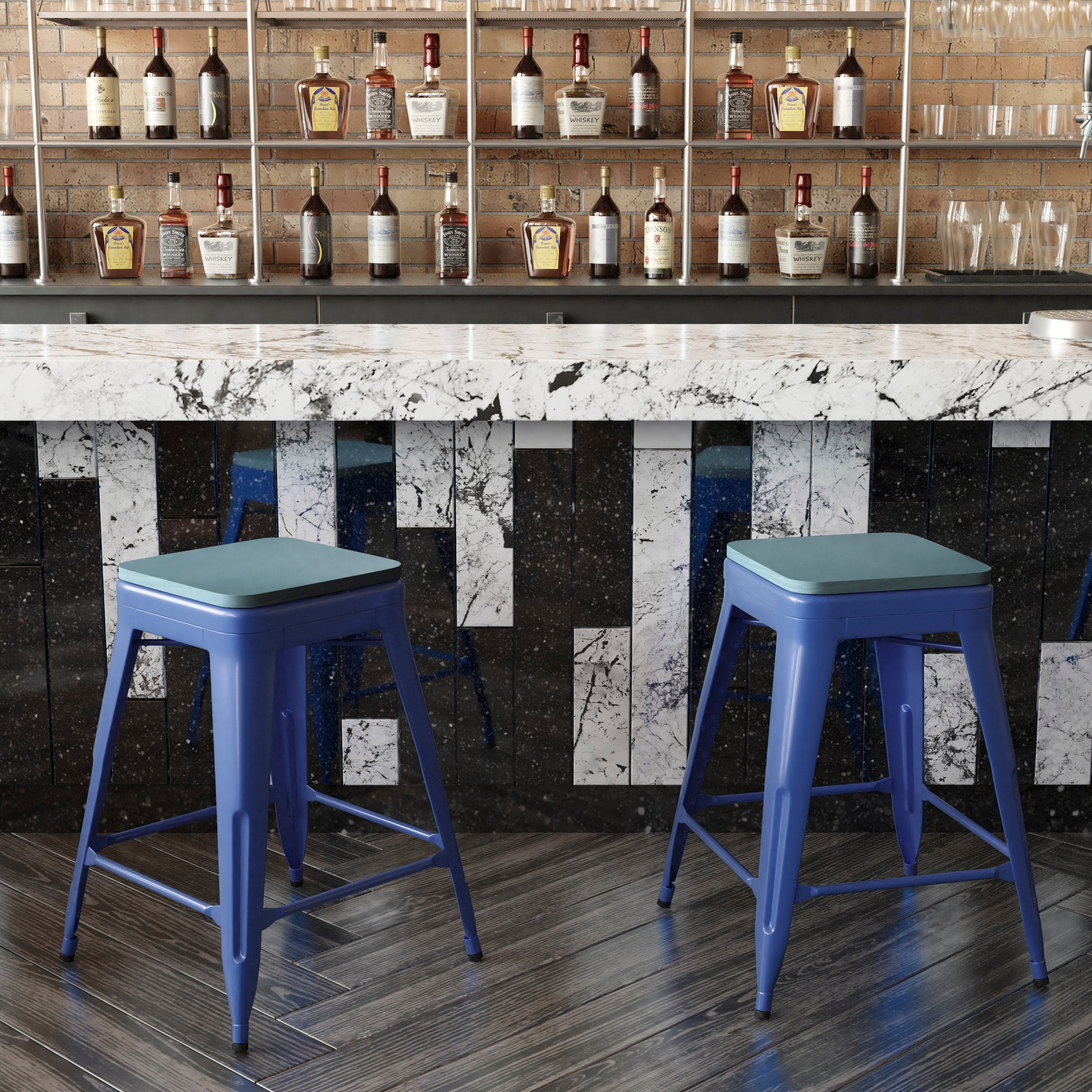 Kai Commercial Grade 24" High Backless Blue Metal Indoor-Outdoor Counter Height Stool with Teal-Blue Poly Resin Wood Seat