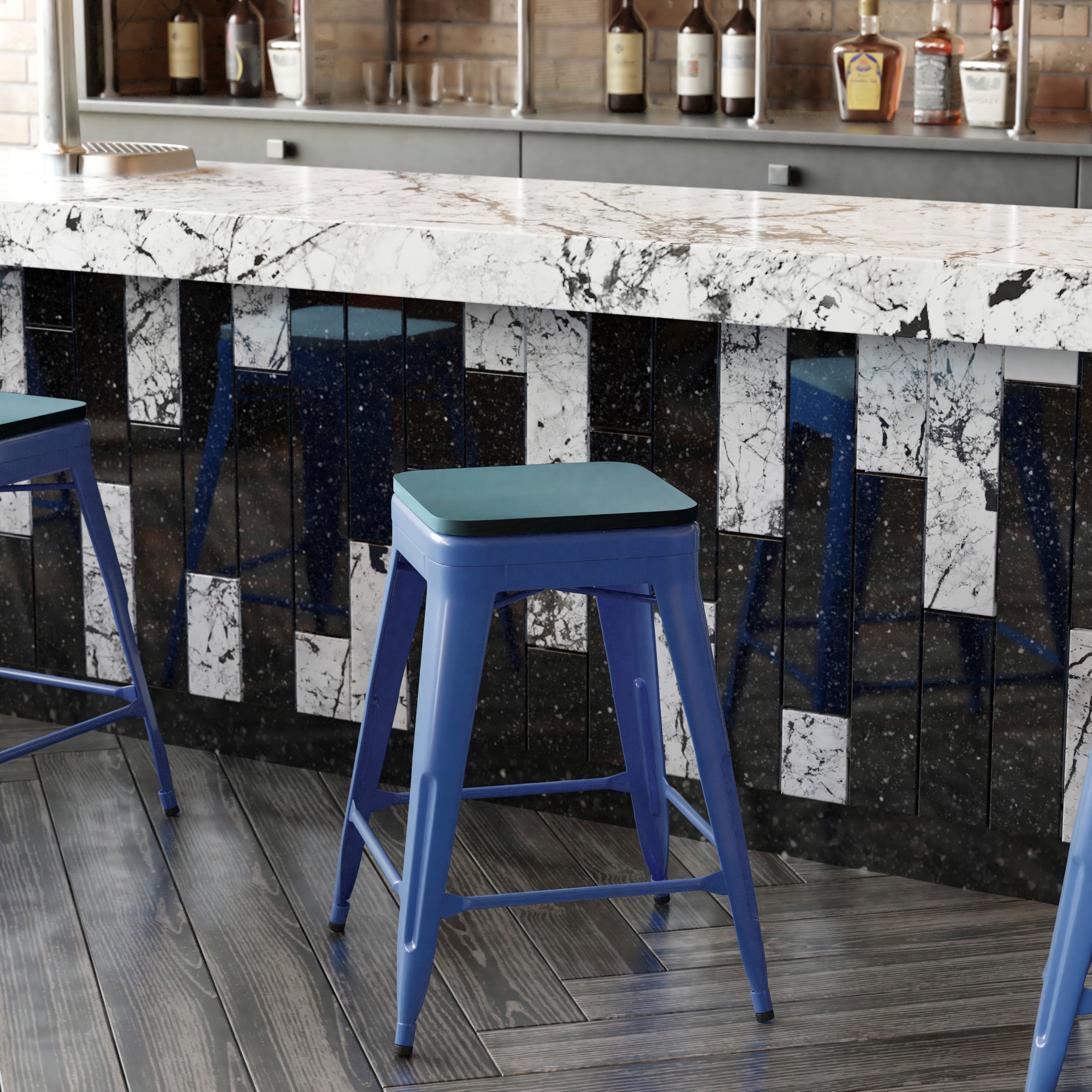 Kai Commercial Grade 24" High Backless Blue Metal Indoor-Outdoor Counter Height Stool with Teal-Blue Poly Resin Wood Seat