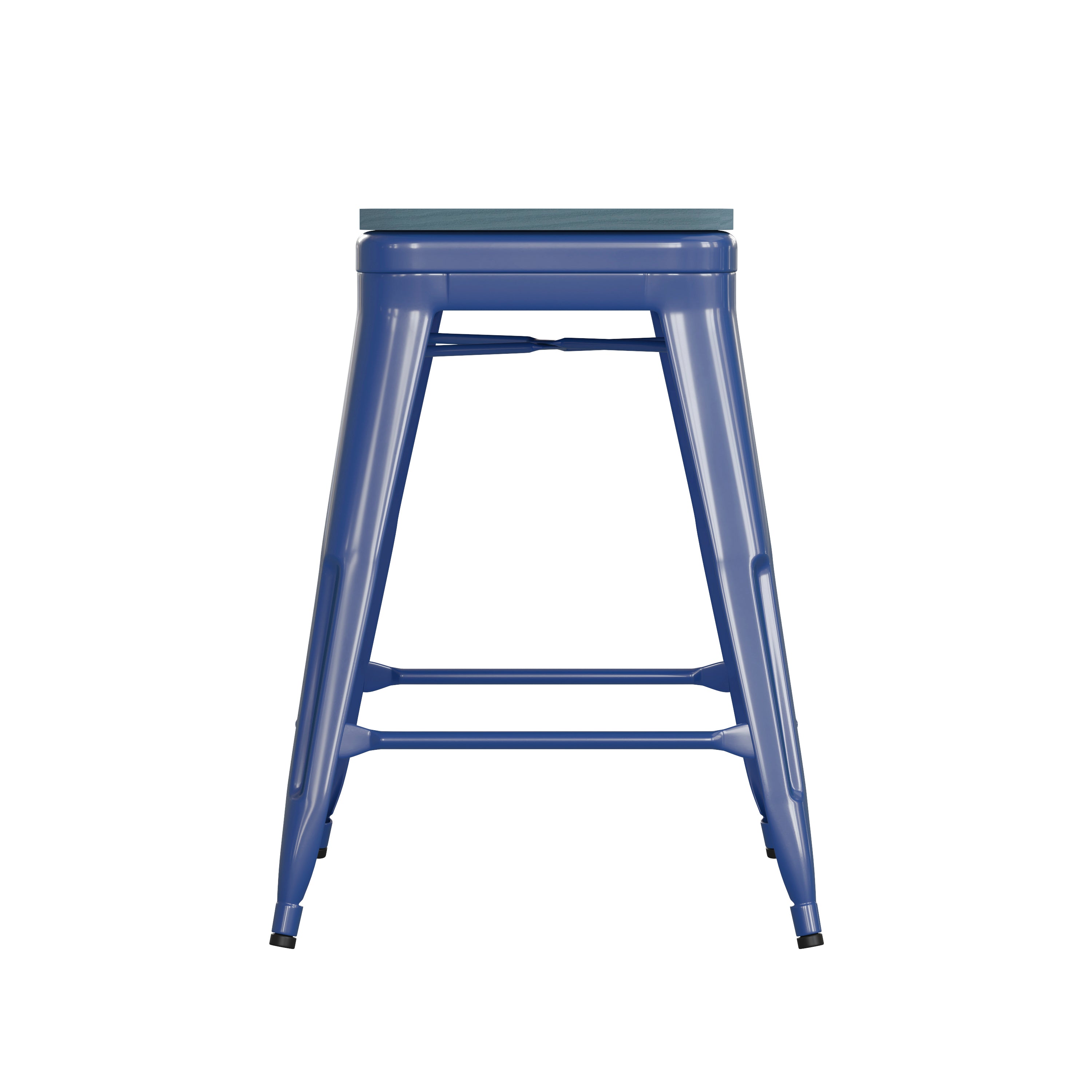 Kai Commercial Grade 24" High Backless Blue Metal Indoor-Outdoor Counter Height Stool with Teal-Blue Poly Resin Wood Seat