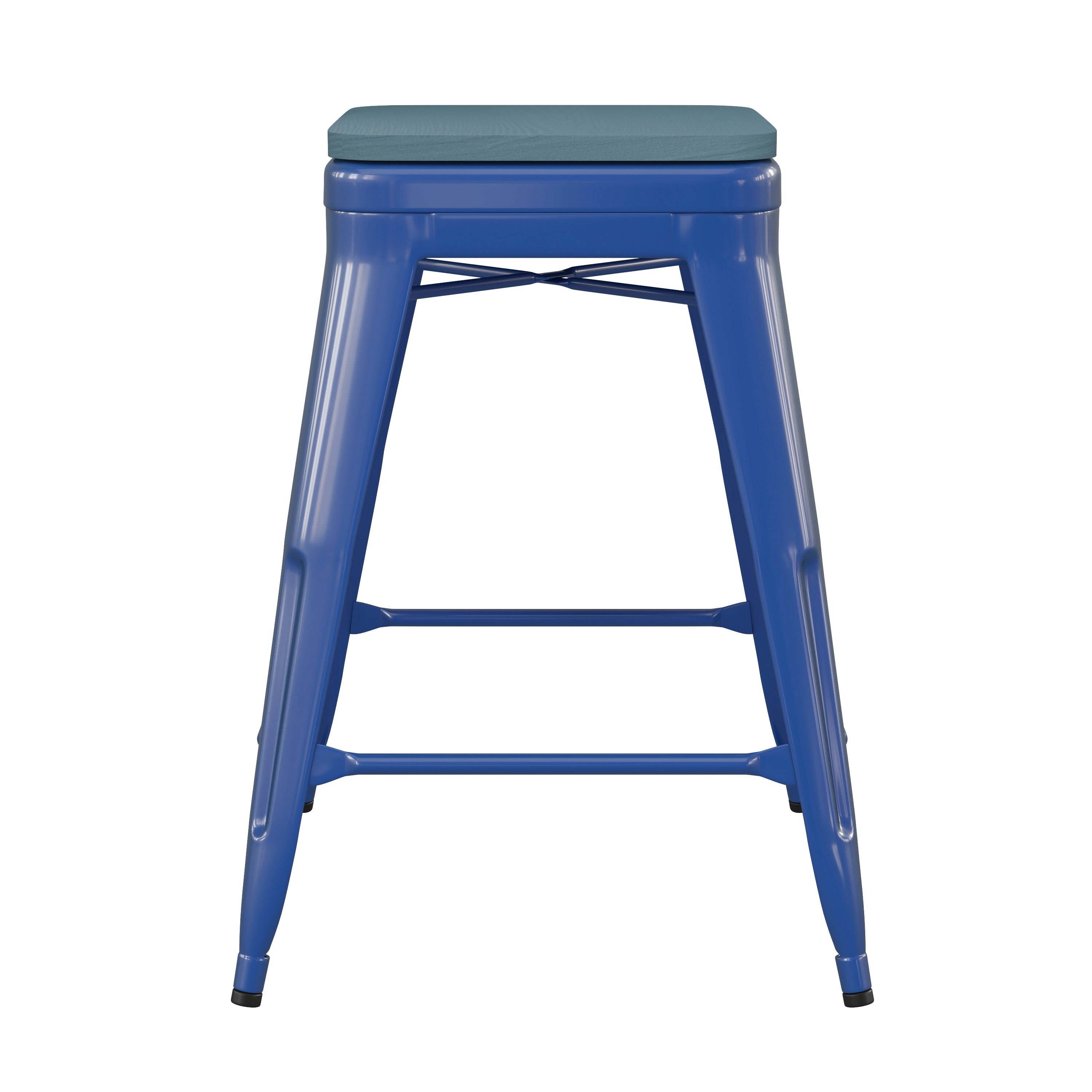 Kai Commercial Grade 24" High Backless Blue Metal Indoor-Outdoor Counter Height Stool with Teal-Blue Poly Resin Wood Seat