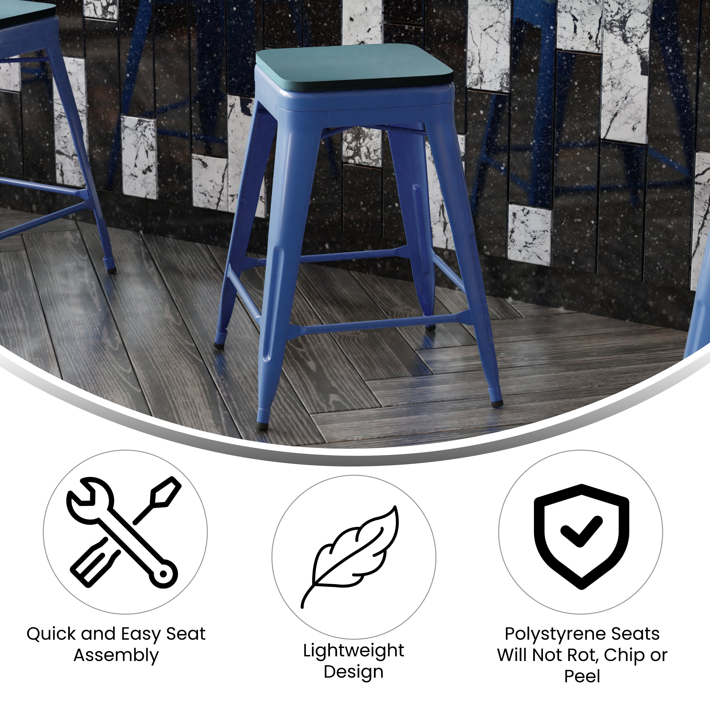 Kai Commercial Grade 24" High Backless Blue Metal Indoor-Outdoor Counter Height Stool with Teal-Blue Poly Resin Wood Seat