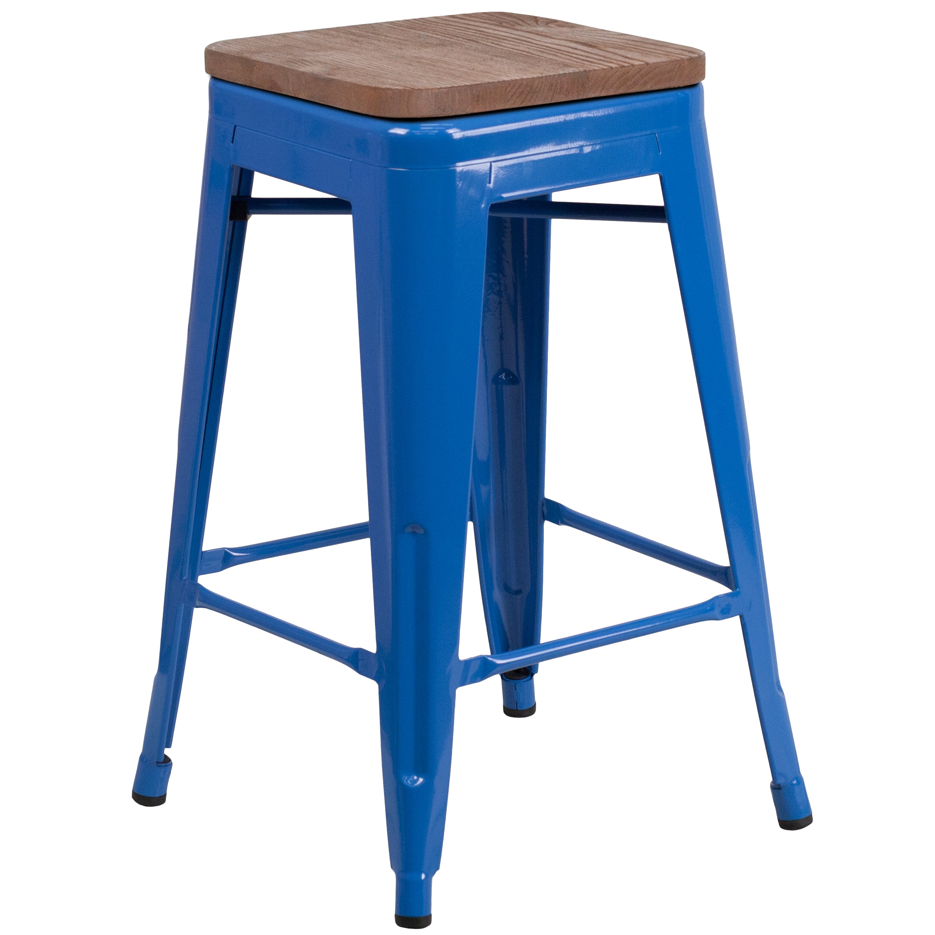 Lily 24" High Backless Blue Metal Counter Height Stool with Square Wood Seat