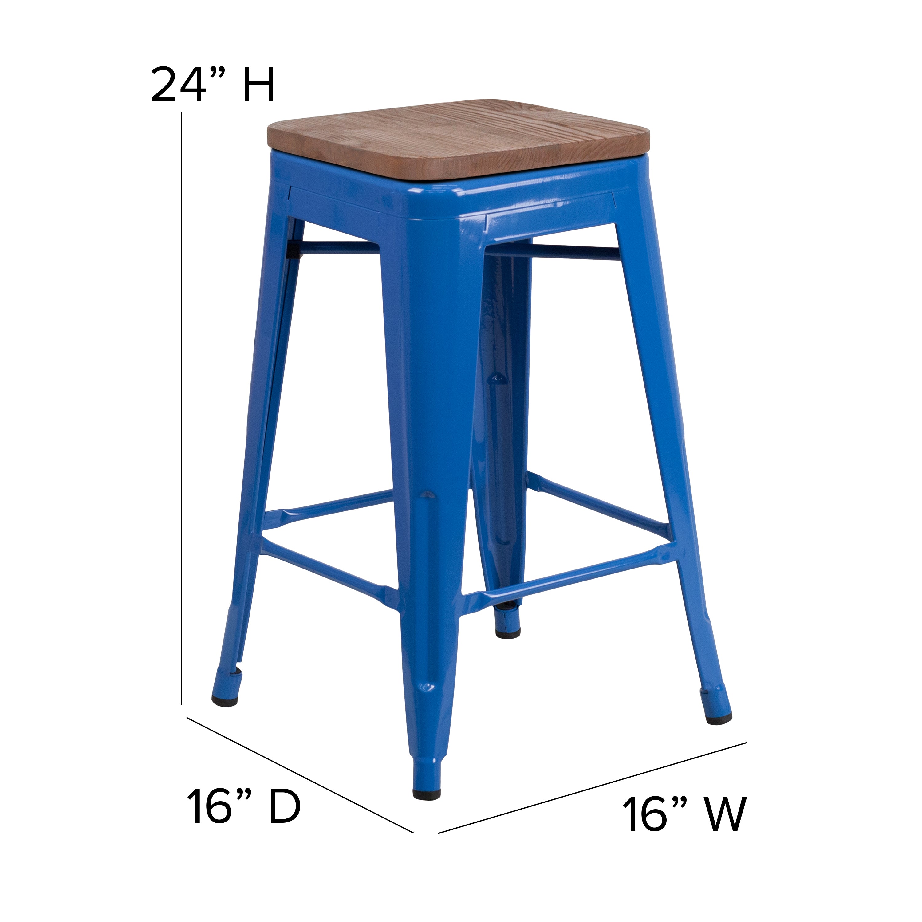 Lily 24" High Backless Blue Metal Counter Height Stool with Square Wood Seat