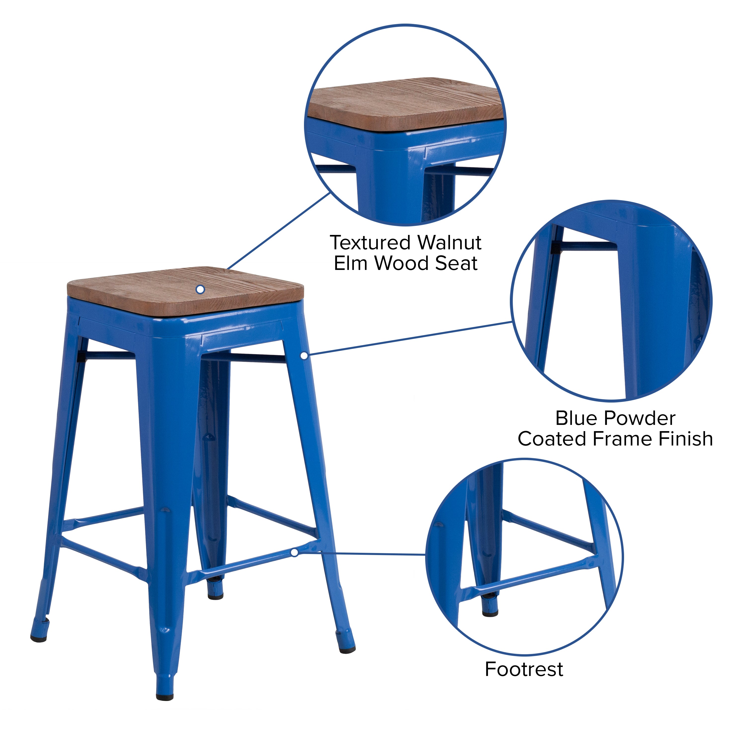 Lily 24" High Backless Blue Metal Counter Height Stool with Square Wood Seat