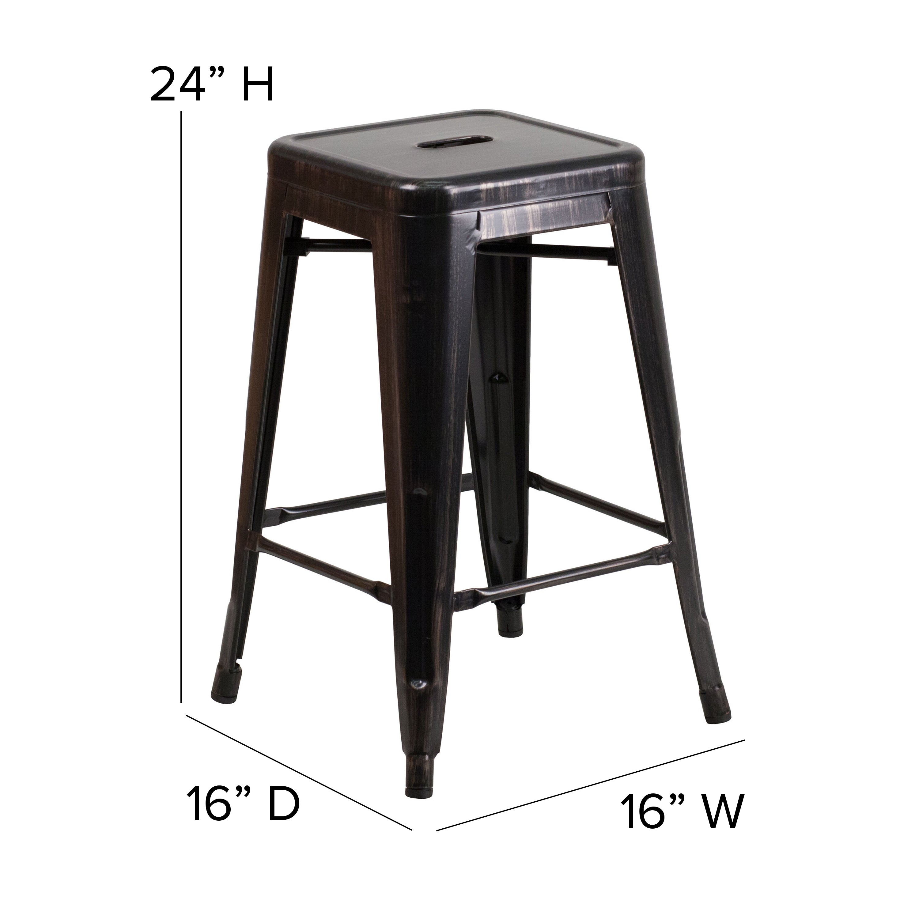 Kai Commercial Grade 24" High Backless Black-Antique Gold Metal Indoor-Outdoor Counter Height Stool with Square Seat