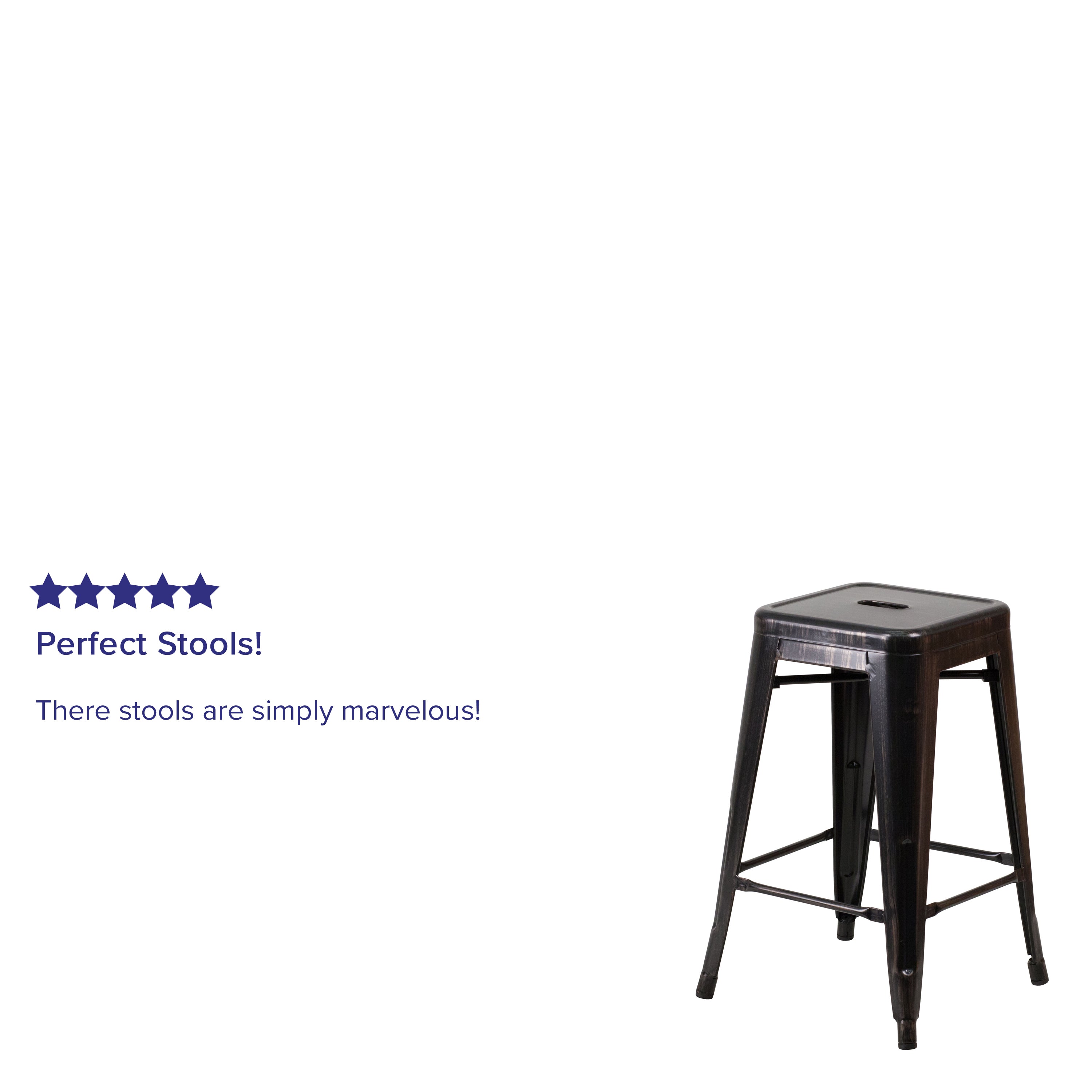 Kai Commercial Grade 24" High Backless Black-Antique Gold Metal Indoor-Outdoor Counter Height Stool with Square Seat