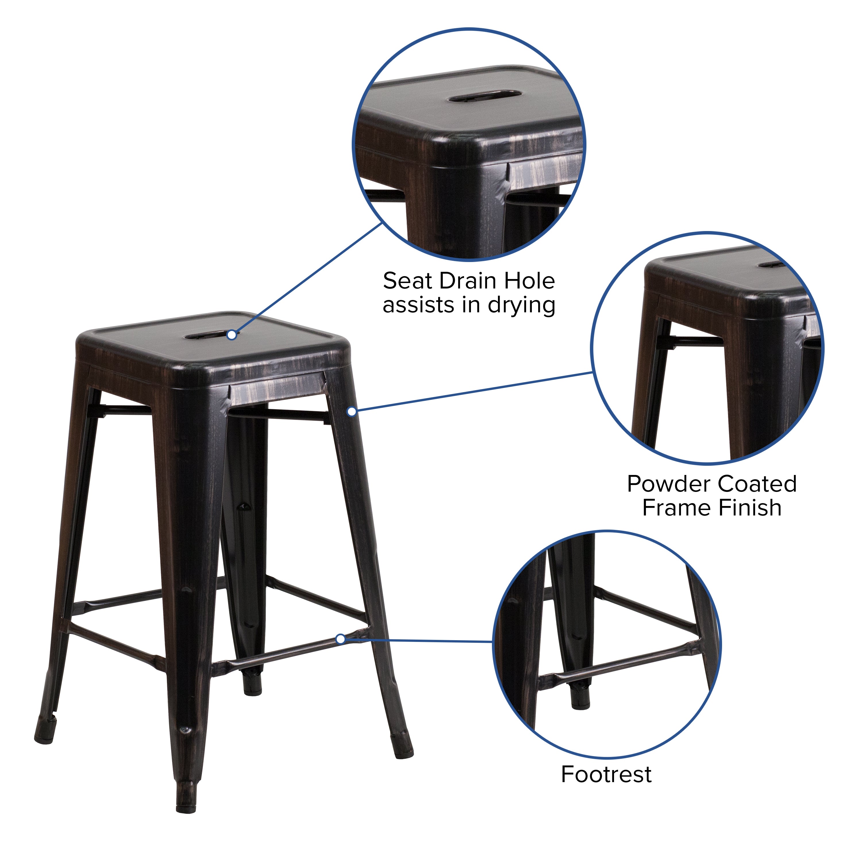 Kai Commercial Grade 24" High Backless Black-Antique Gold Metal Indoor-Outdoor Counter Height Stool with Square Seat