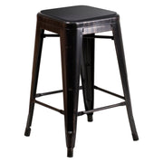 Kai Commercial Grade 24" High Backless Black-Antique Gold Metal Indoor-Outdoor Counter Height Stool with Black Poly Resin Wood Seat