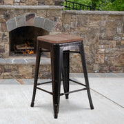 Lily 24" High Backless Black-Antique Gold Metal Counter Height Stool with Square Wood Seat