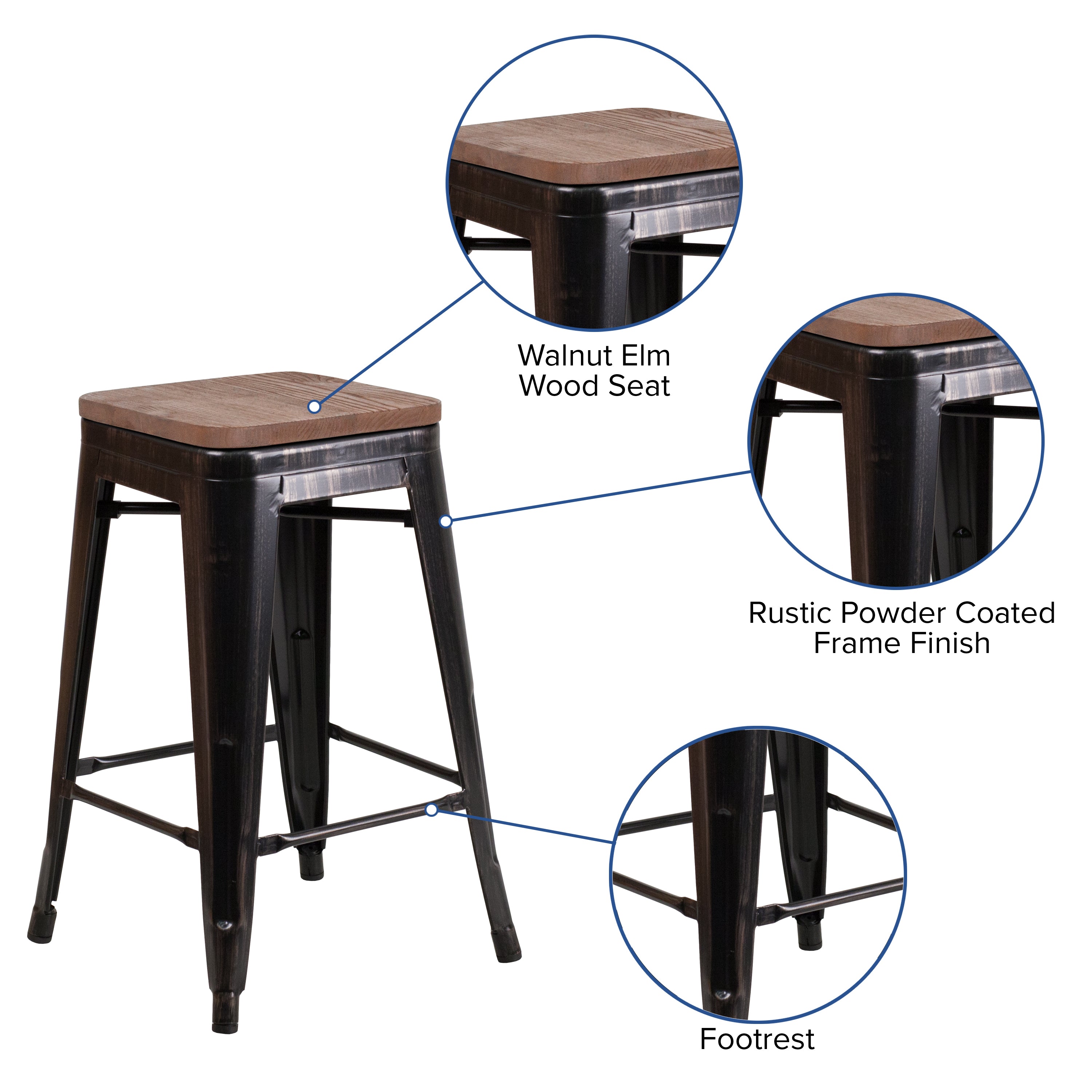 Lily 24" High Backless Black-Antique Gold Metal Counter Height Stool with Square Wood Seat