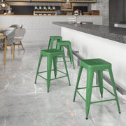 Kai Commercial Grade 24" High Backless Green Metal Indoor-Outdoor Counter Height Stool with Square Seat