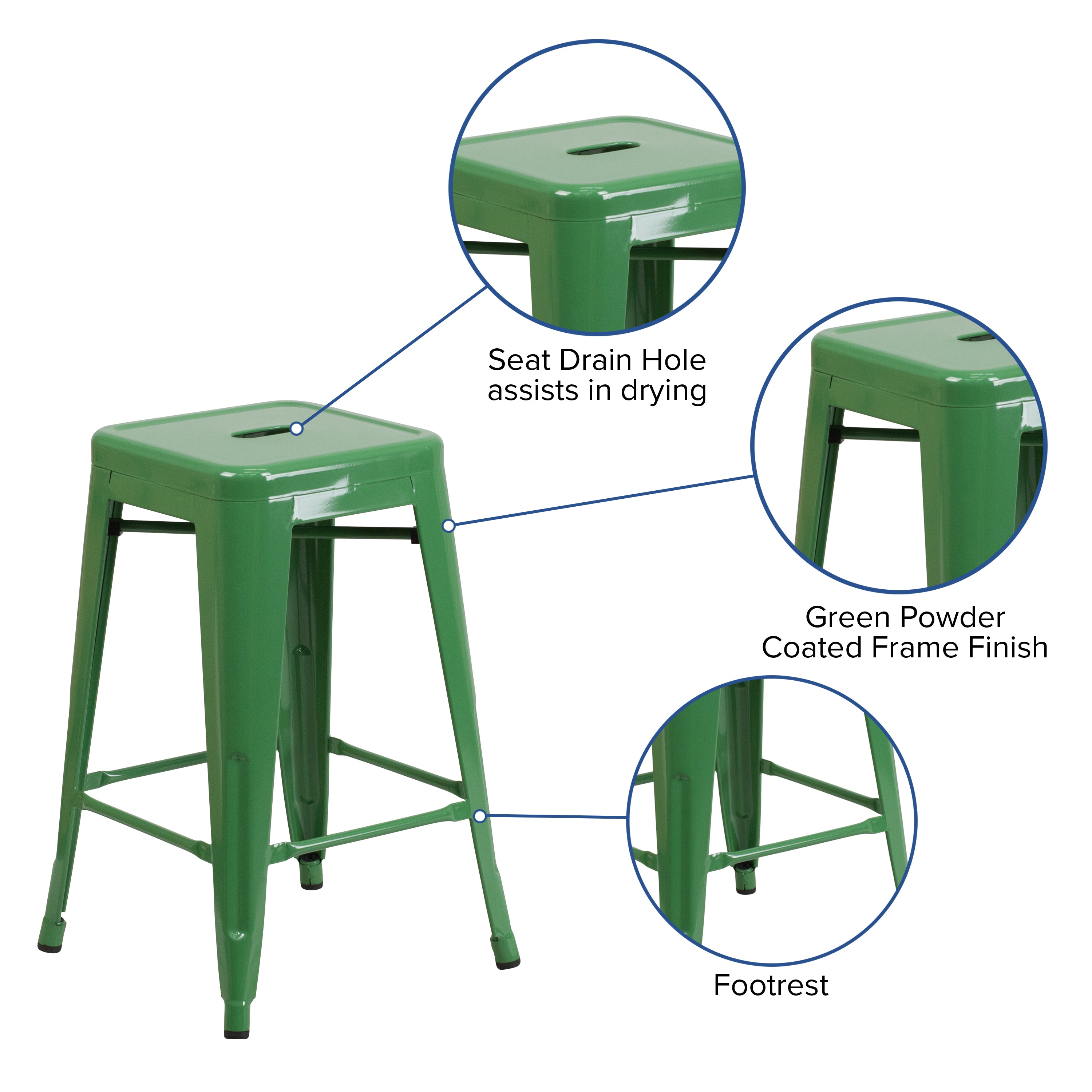 Kai Commercial Grade 24" High Backless Green Metal Indoor-Outdoor Counter Height Stool with Square Seat