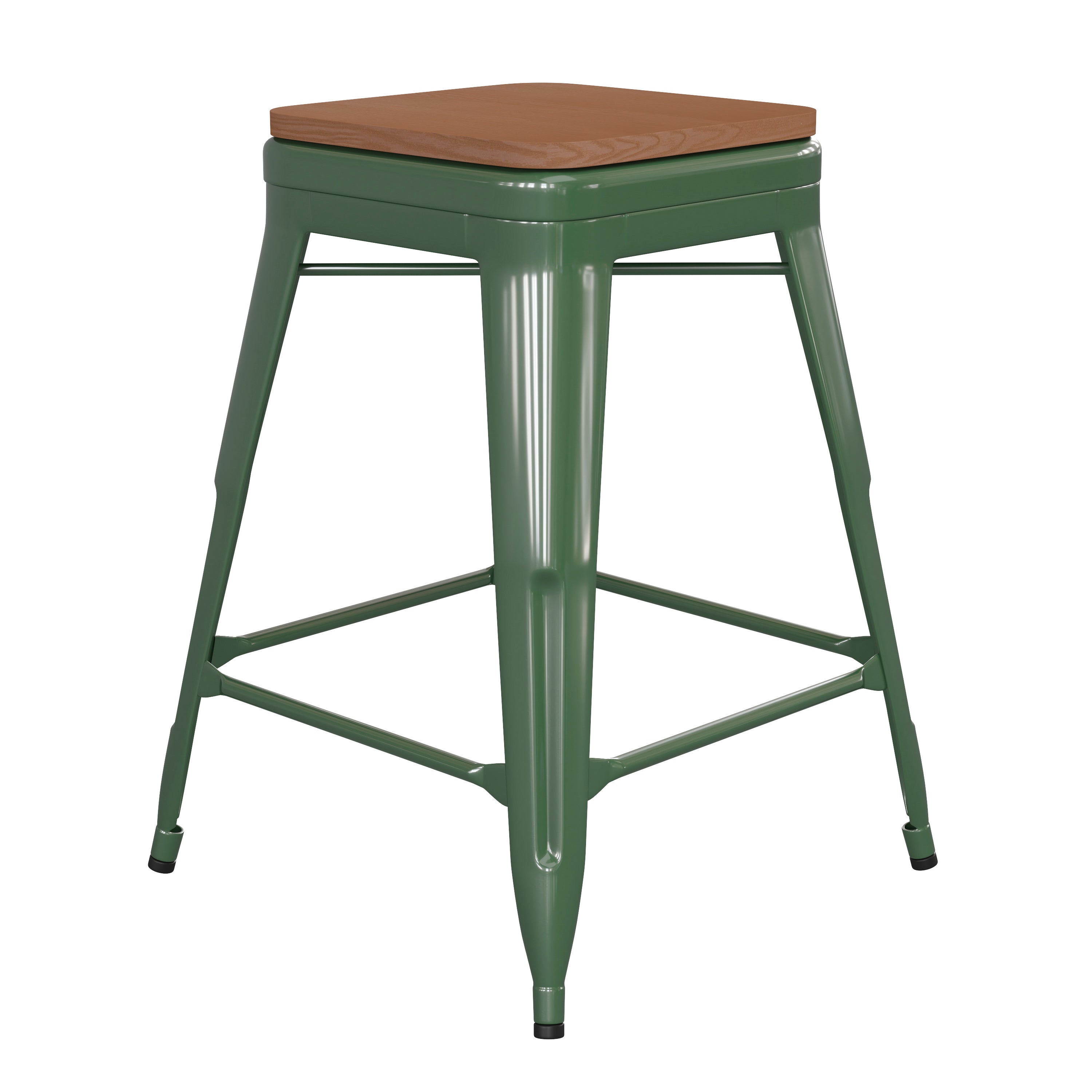 Kai Commercial Grade 24" High Backless Green Metal Indoor-Outdoor Counter Height Stool with Teak Poly Resin Wood Seat