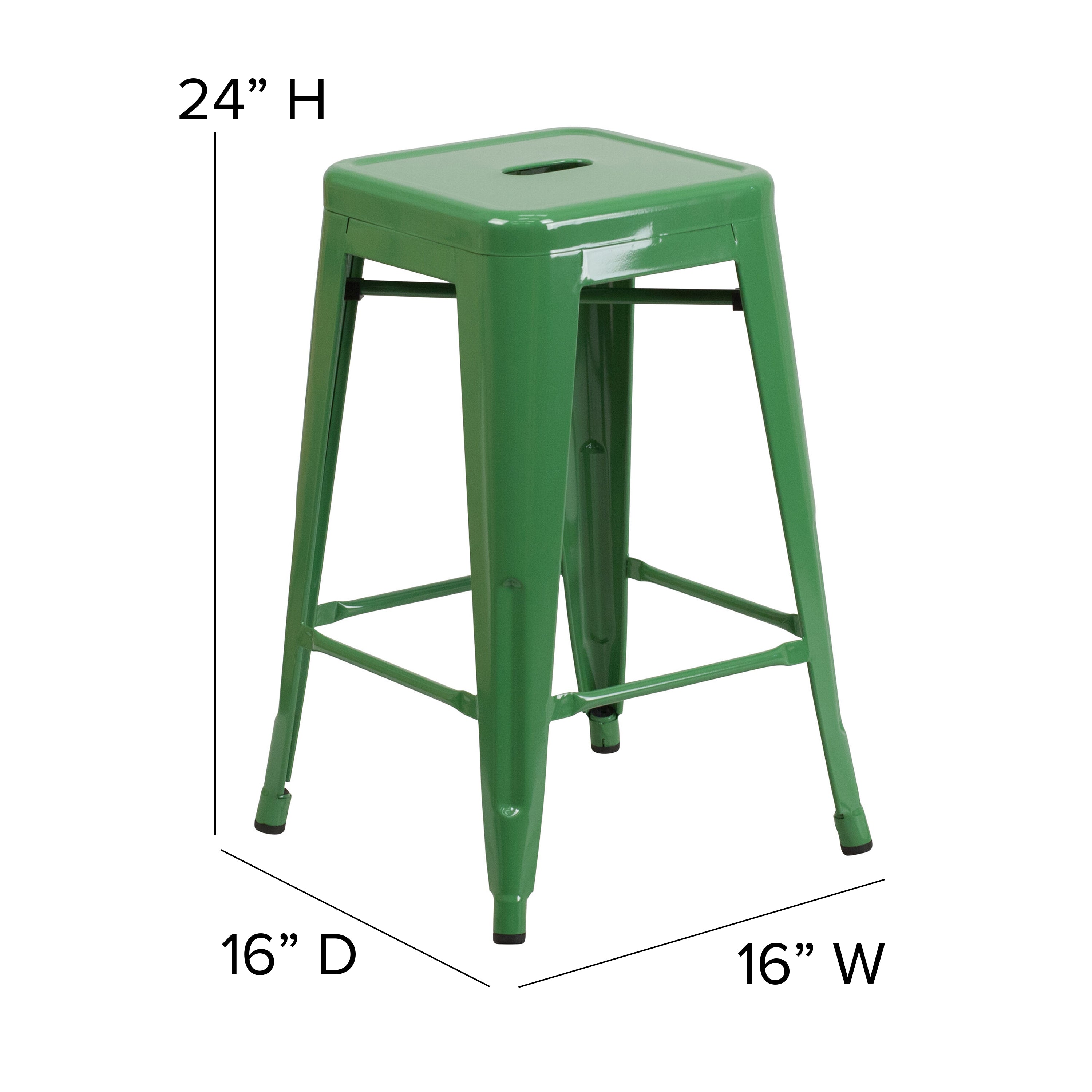 Kai Commercial Grade 24" High Backless Green Metal Indoor-Outdoor Counter Height Stool with Teak Poly Resin Wood Seat