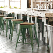 Kai Commercial Grade 24" High Backless Green Metal Indoor-Outdoor Counter Height Stool with Teak Poly Resin Wood Seat