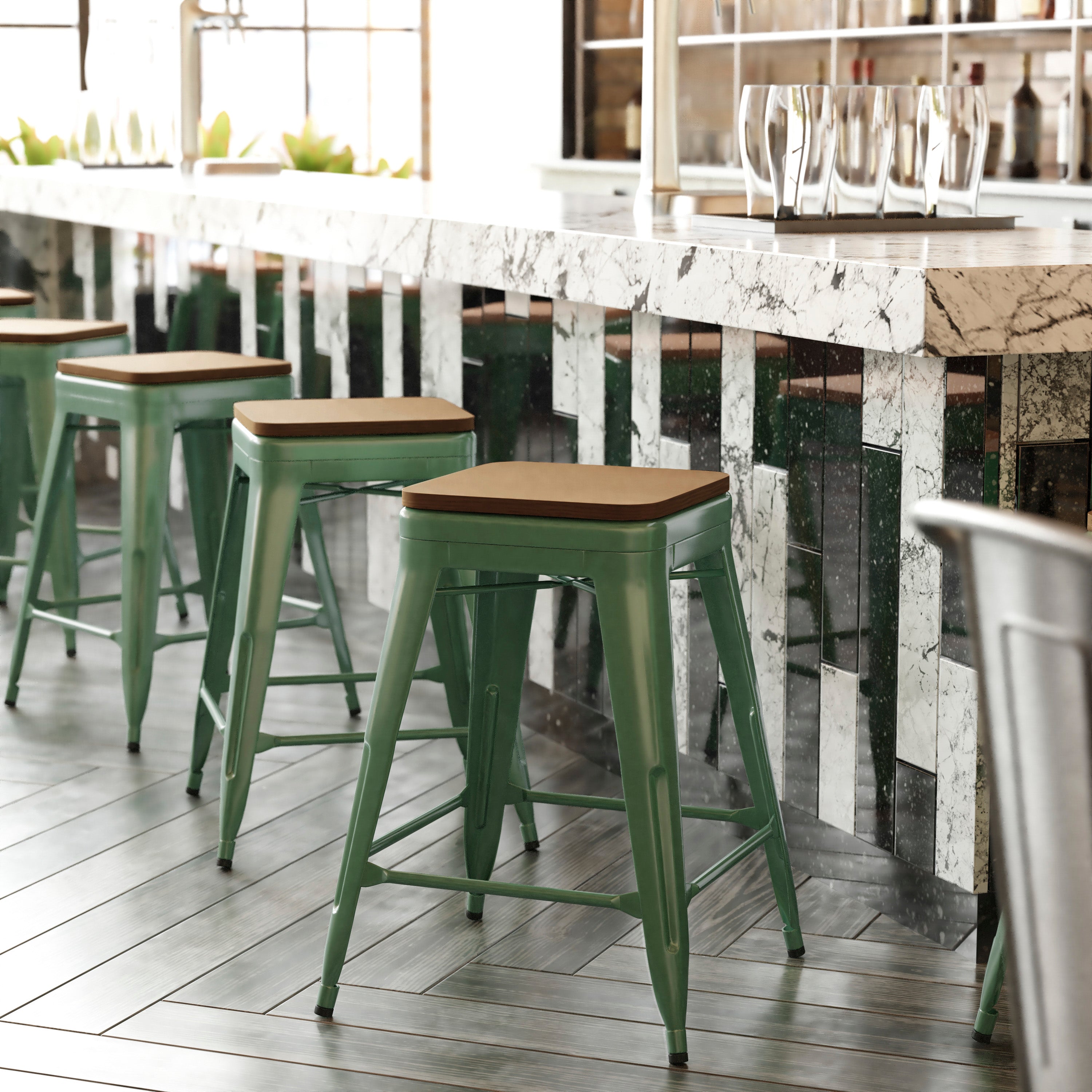 Kai Commercial Grade 24" High Backless Green Metal Indoor-Outdoor Counter Height Stool with Teak Poly Resin Wood Seat