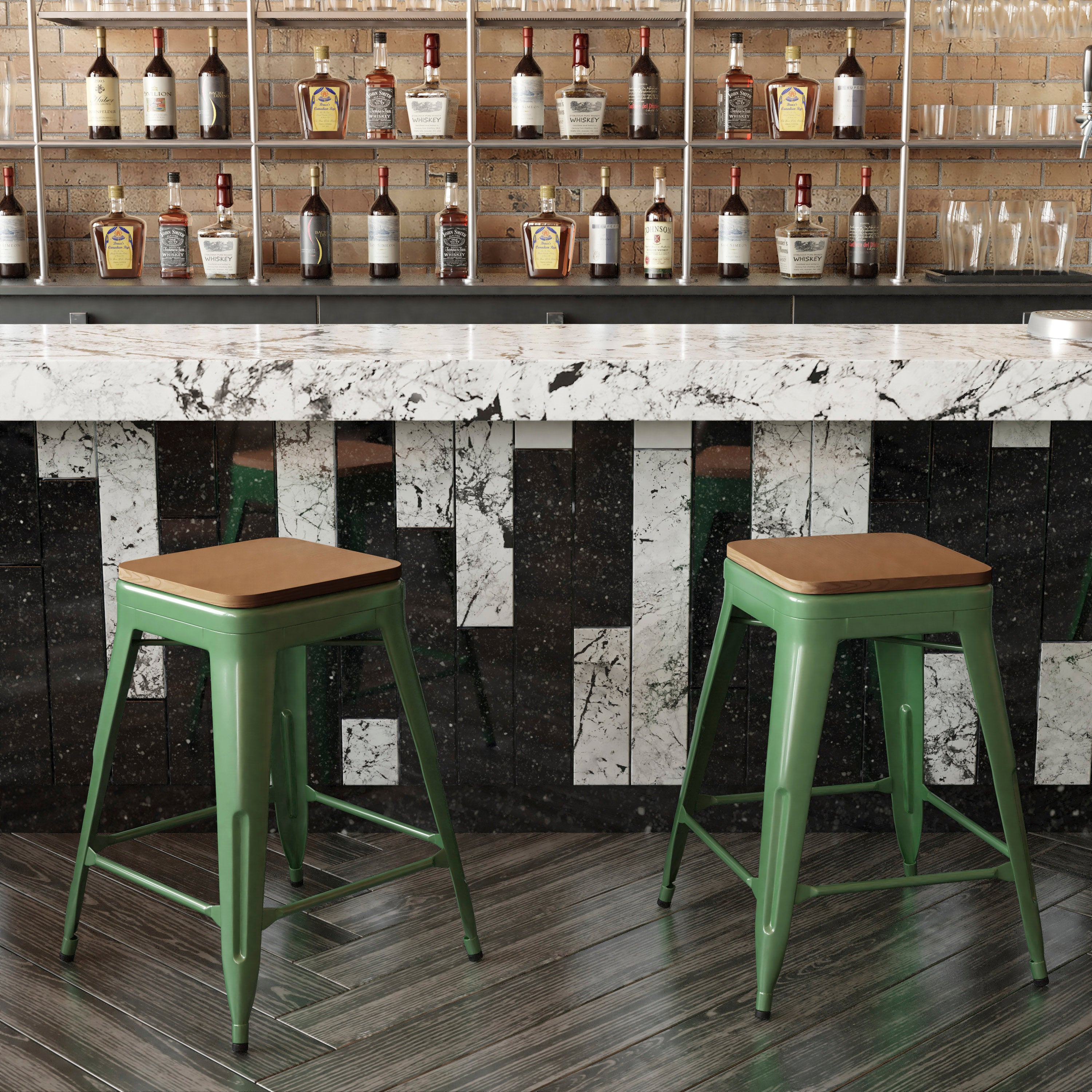 Kai Commercial Grade 24" High Backless Green Metal Indoor-Outdoor Counter Height Stool with Teak Poly Resin Wood Seat