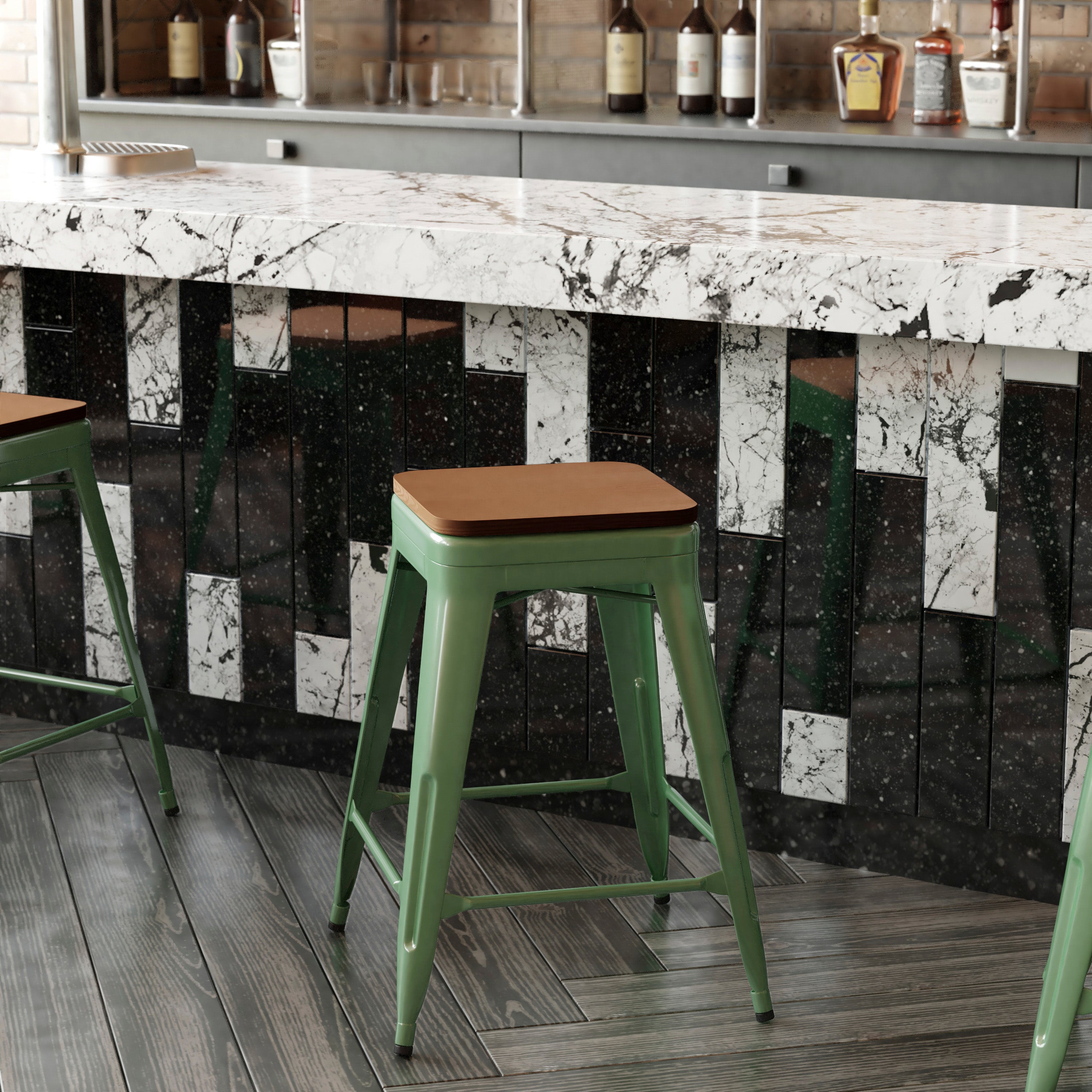 Kai Commercial Grade 24" High Backless Green Metal Indoor-Outdoor Counter Height Stool with Teak Poly Resin Wood Seat