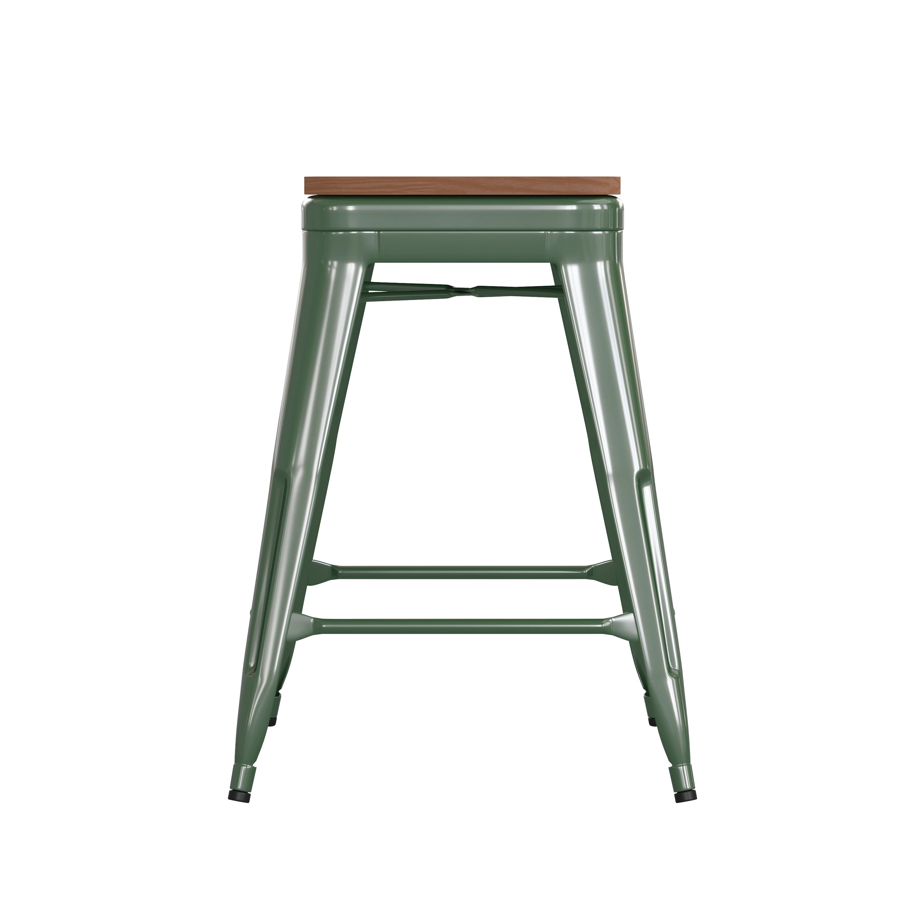 Kai Commercial Grade 24" High Backless Green Metal Indoor-Outdoor Counter Height Stool with Teak Poly Resin Wood Seat