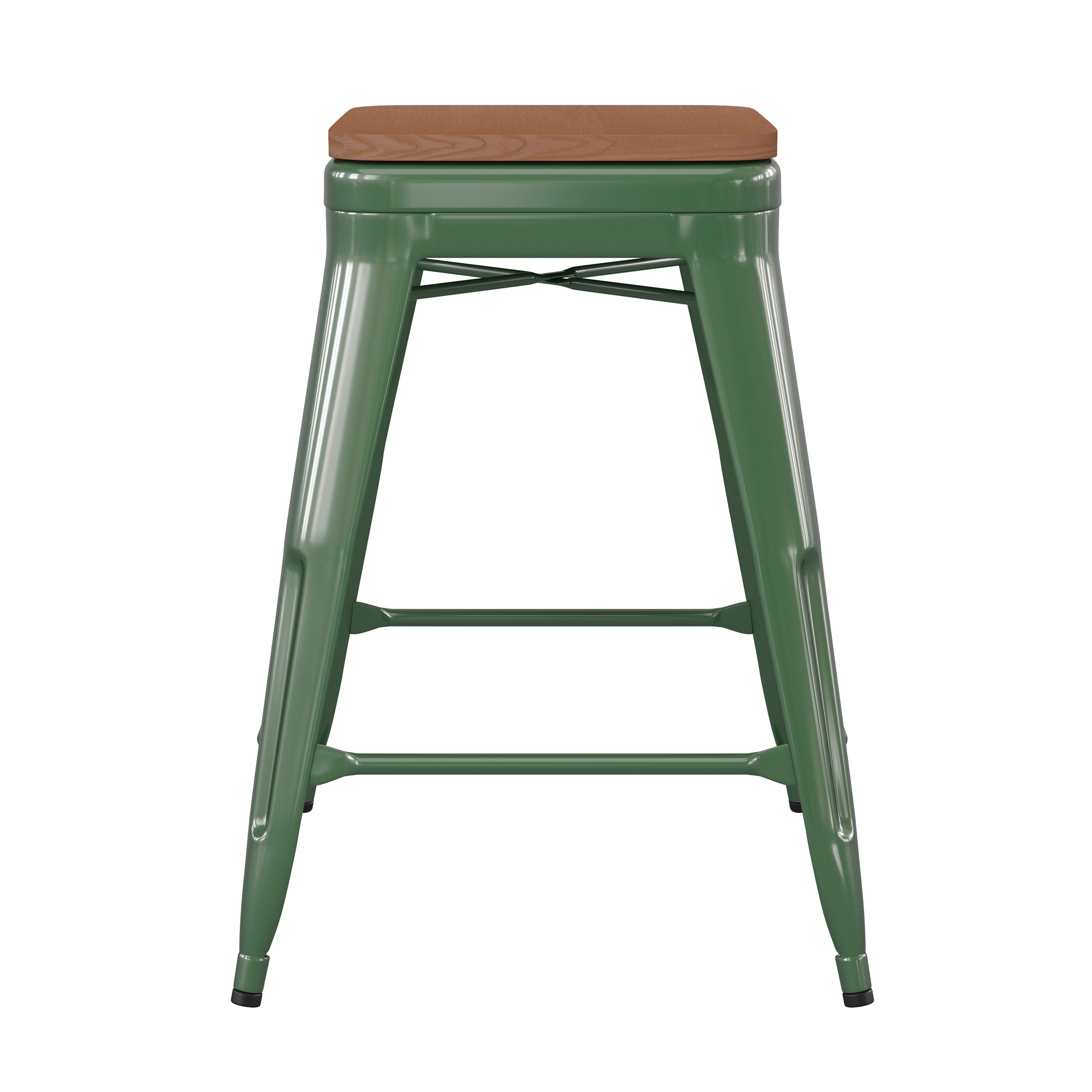 Kai Commercial Grade 24" High Backless Green Metal Indoor-Outdoor Counter Height Stool with Teak Poly Resin Wood Seat