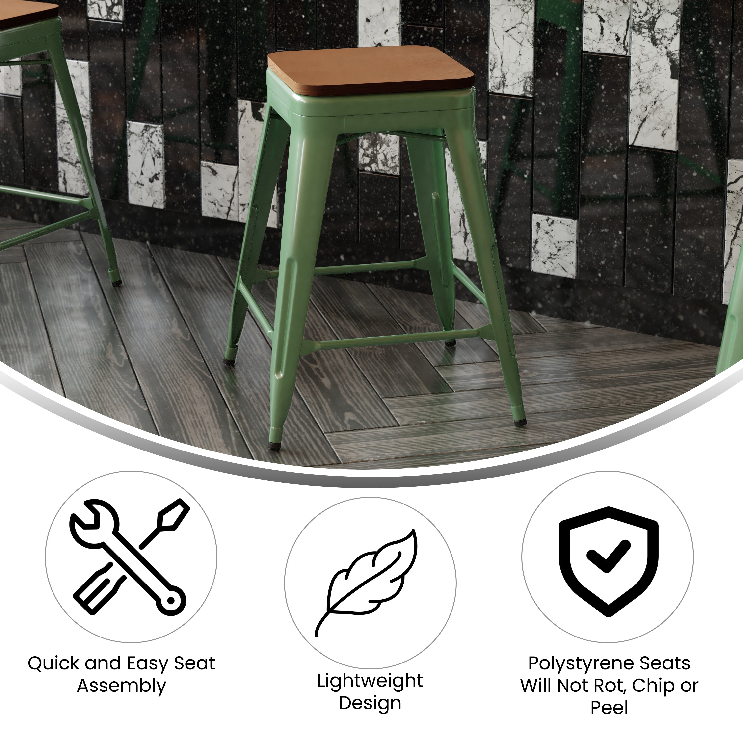 Kai Commercial Grade 24" High Backless Green Metal Indoor-Outdoor Counter Height Stool with Teak Poly Resin Wood Seat
