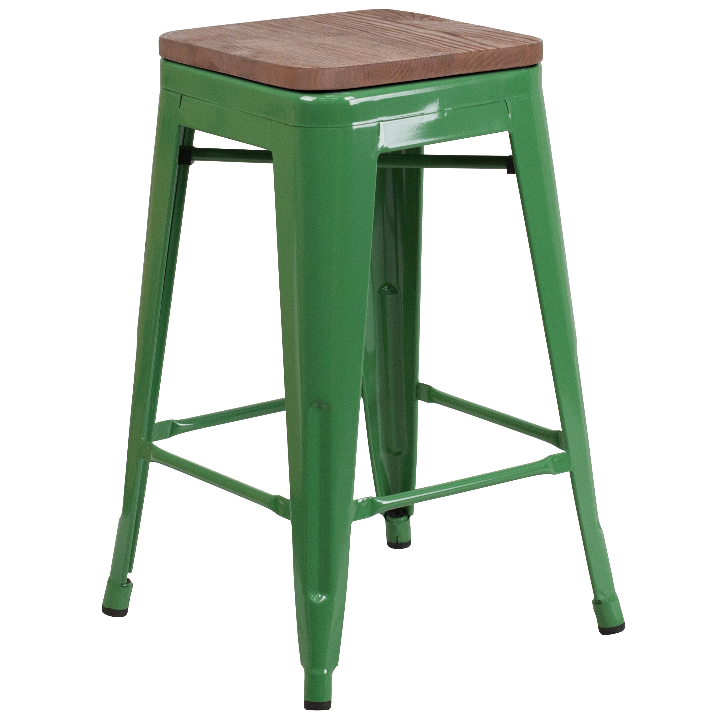 Lily 24" High Backless Green Metal Counter Height Stool with Square Wood Seat