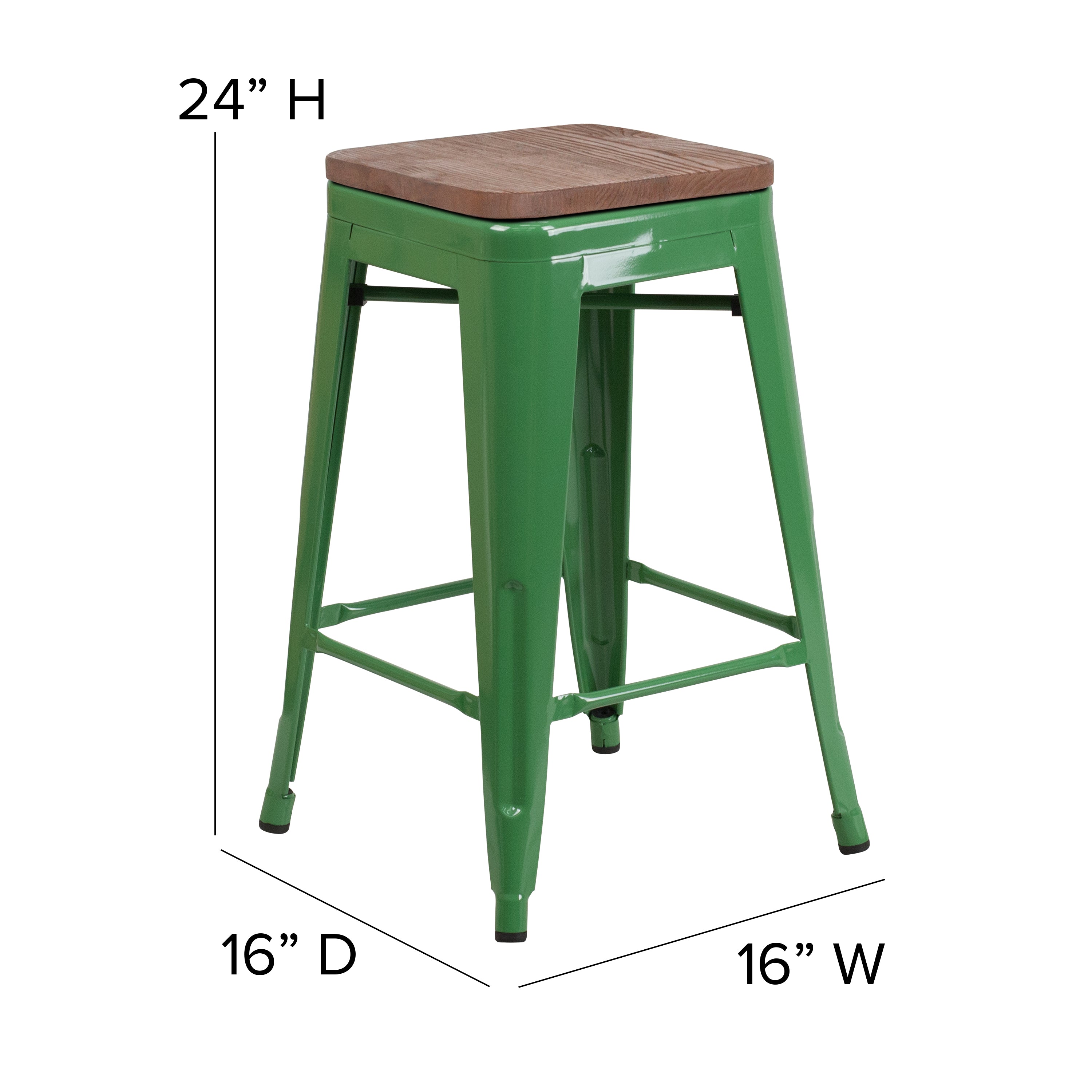 Lily 24" High Backless Green Metal Counter Height Stool with Square Wood Seat