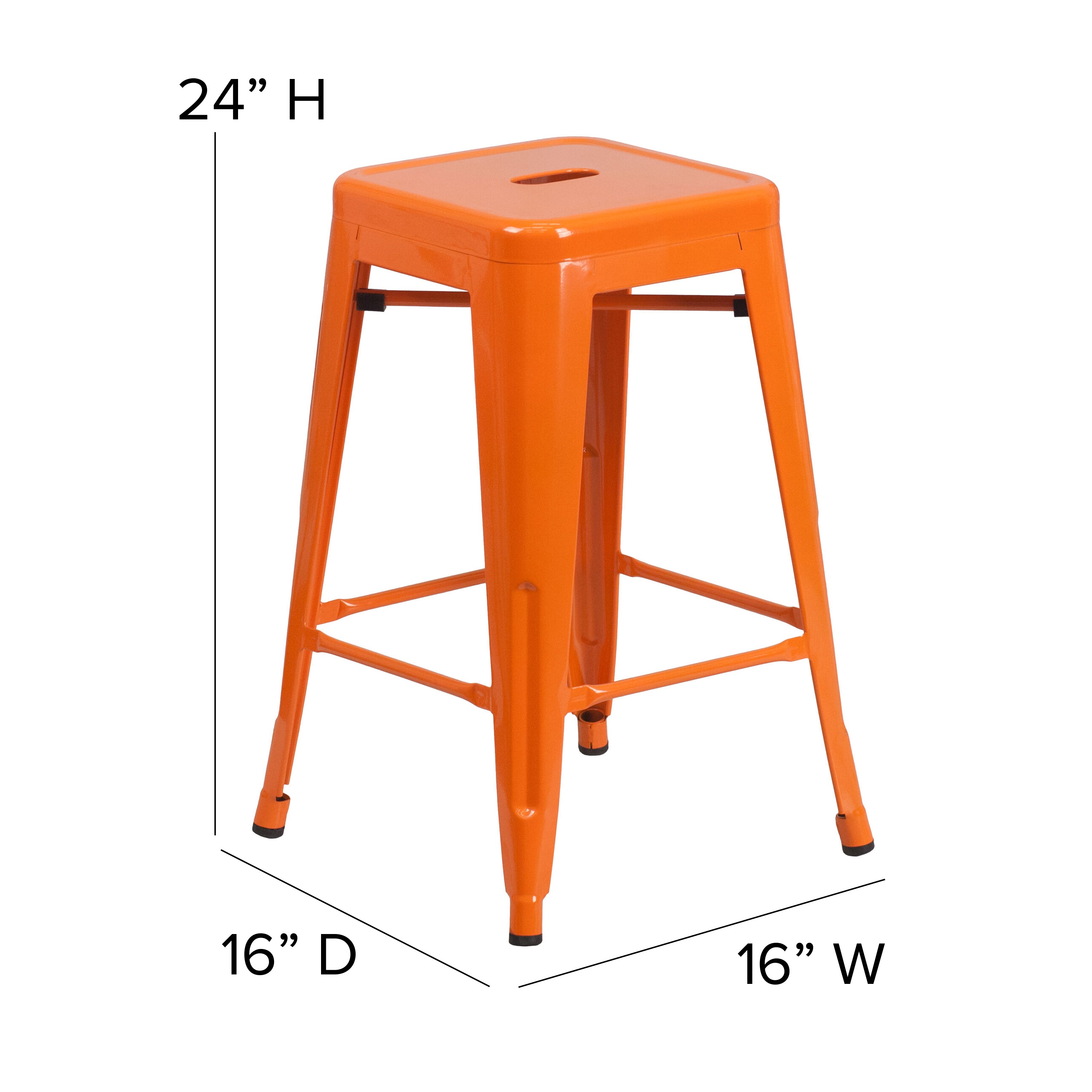 Kai Commercial Grade 24" High Backless Orange Metal Indoor-Outdoor Counter Height Stool with Teak Poly Resin Wood Seat