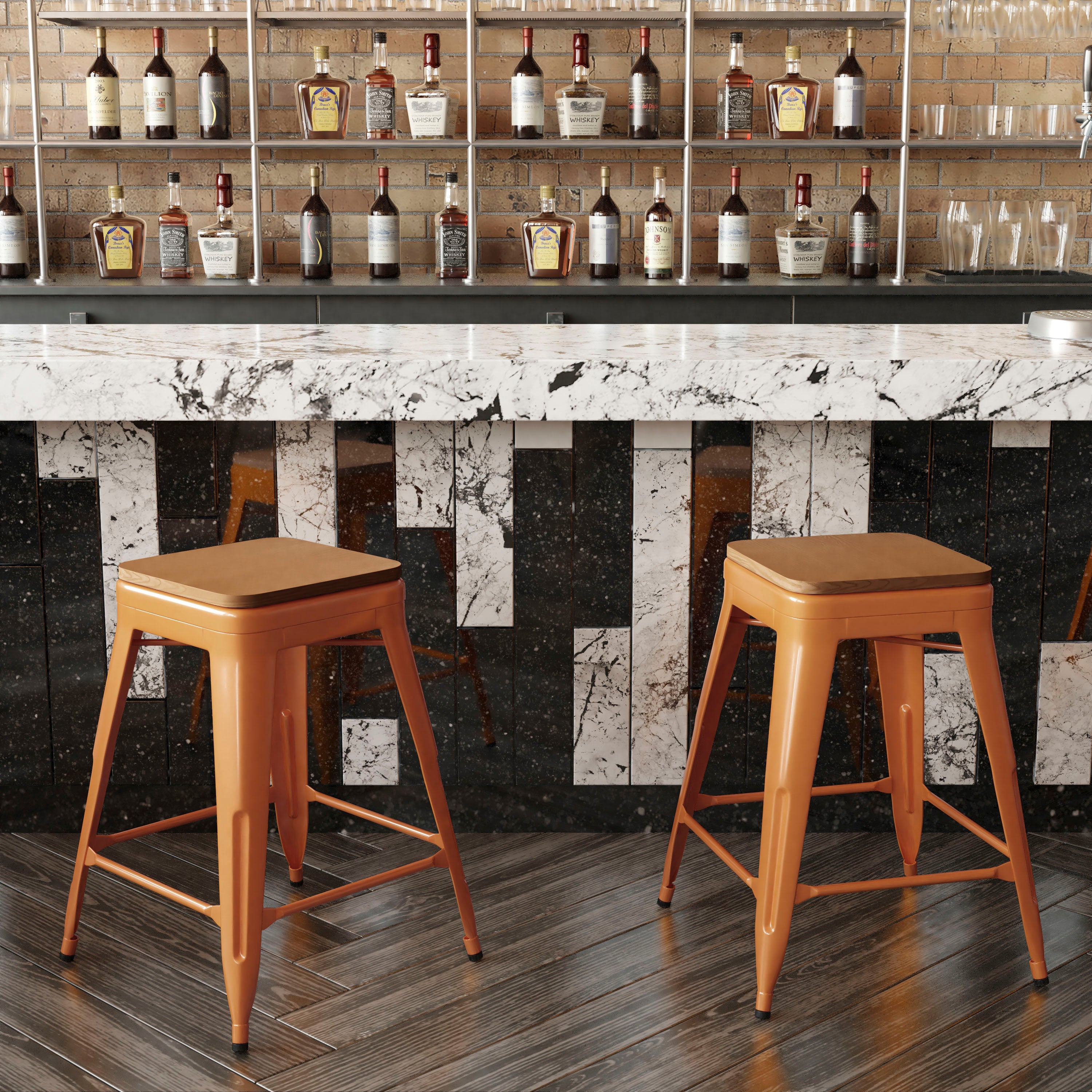 Kai Commercial Grade 24" High Backless Orange Metal Indoor-Outdoor Counter Height Stool with Teak Poly Resin Wood Seat