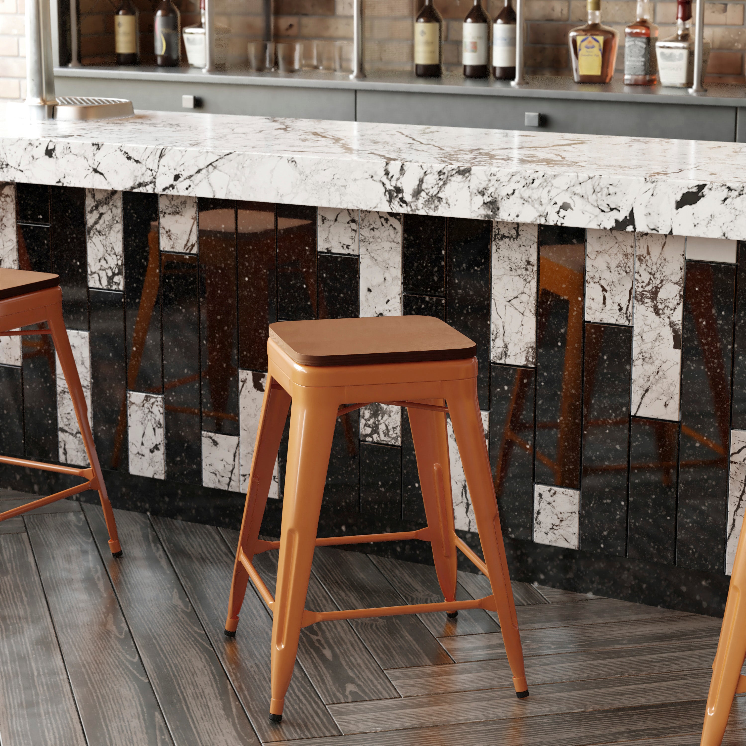 Kai Commercial Grade 24" High Backless Orange Metal Indoor-Outdoor Counter Height Stool with Teak Poly Resin Wood Seat