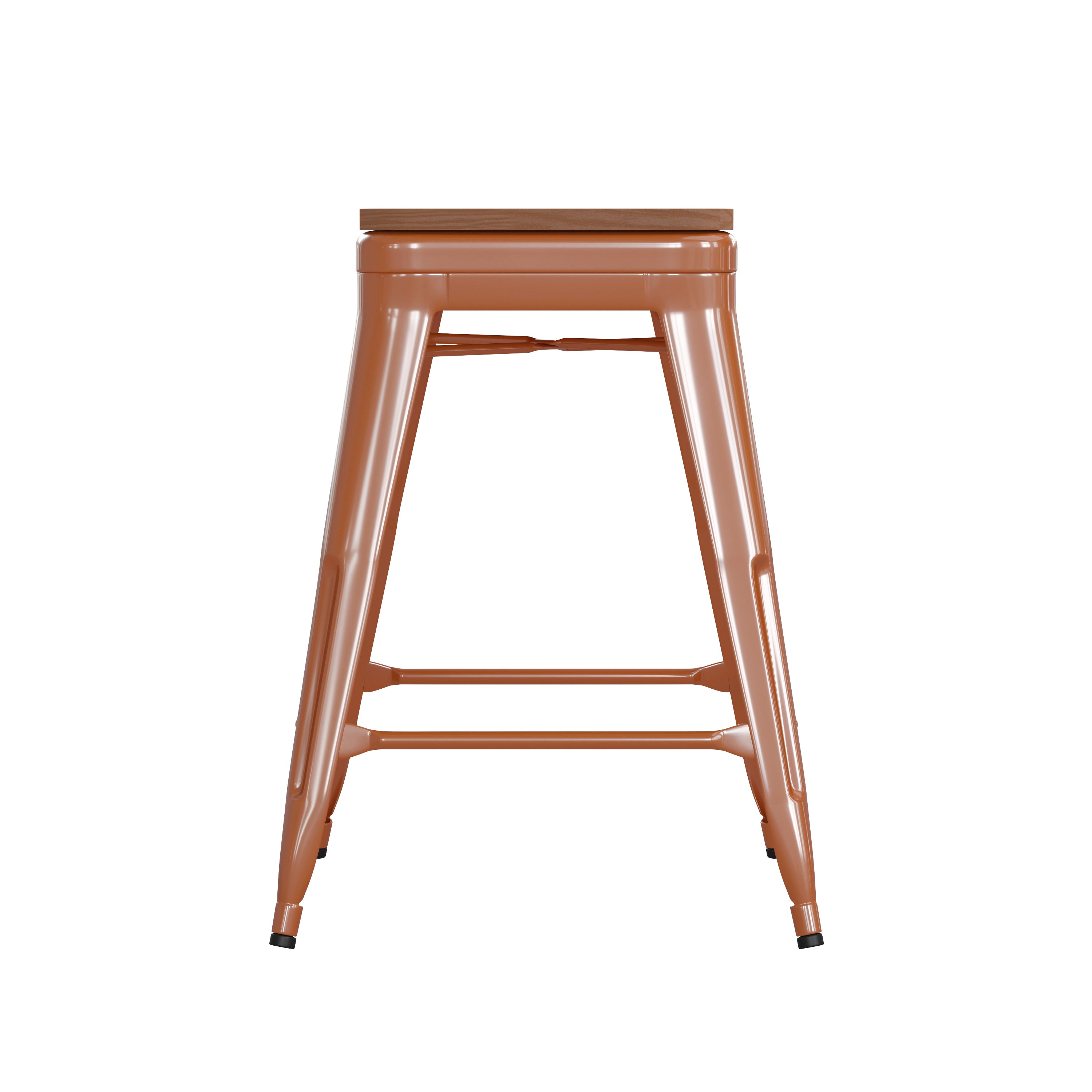 Kai Commercial Grade 24" High Backless Orange Metal Indoor-Outdoor Counter Height Stool with Teak Poly Resin Wood Seat