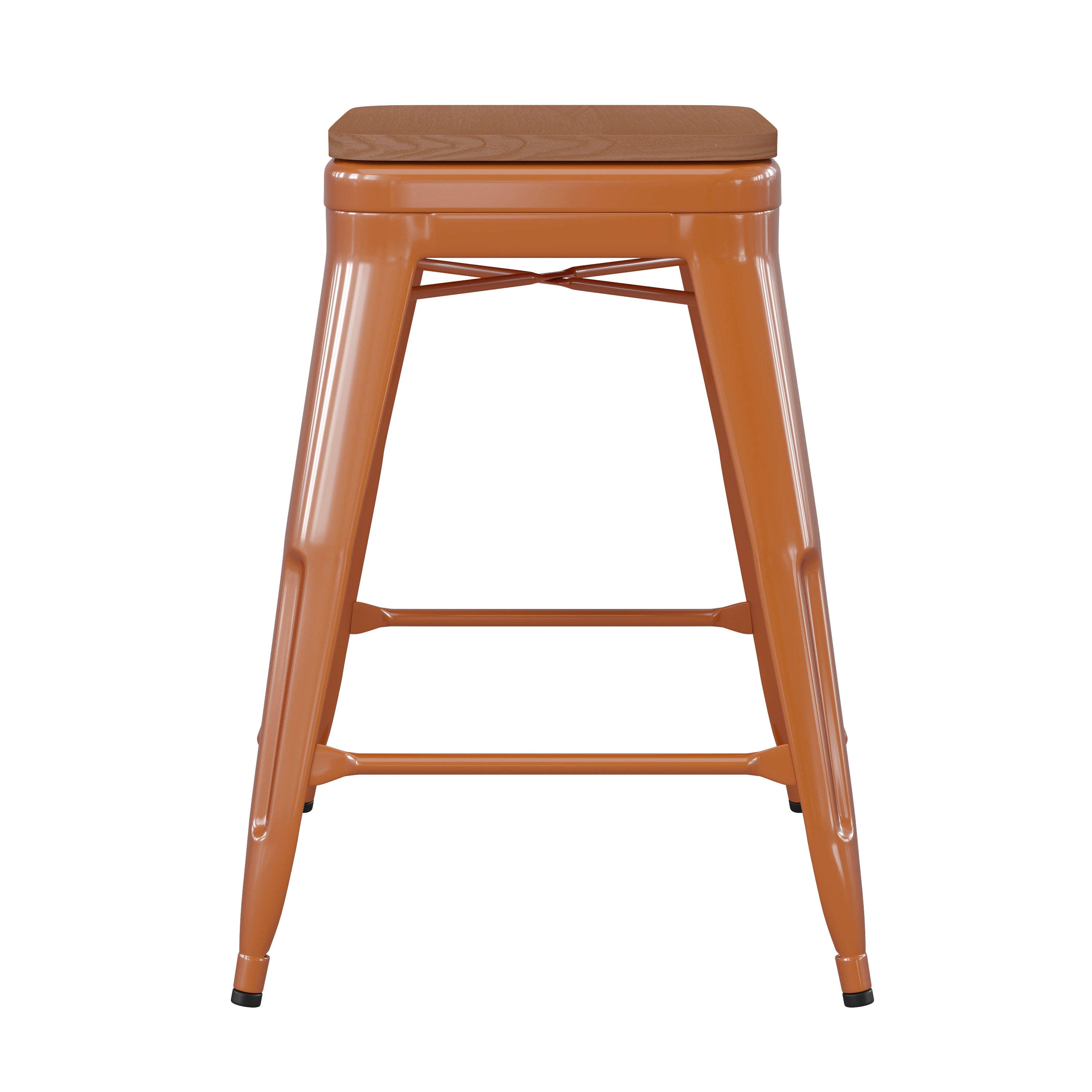 Kai Commercial Grade 24" High Backless Orange Metal Indoor-Outdoor Counter Height Stool with Teak Poly Resin Wood Seat