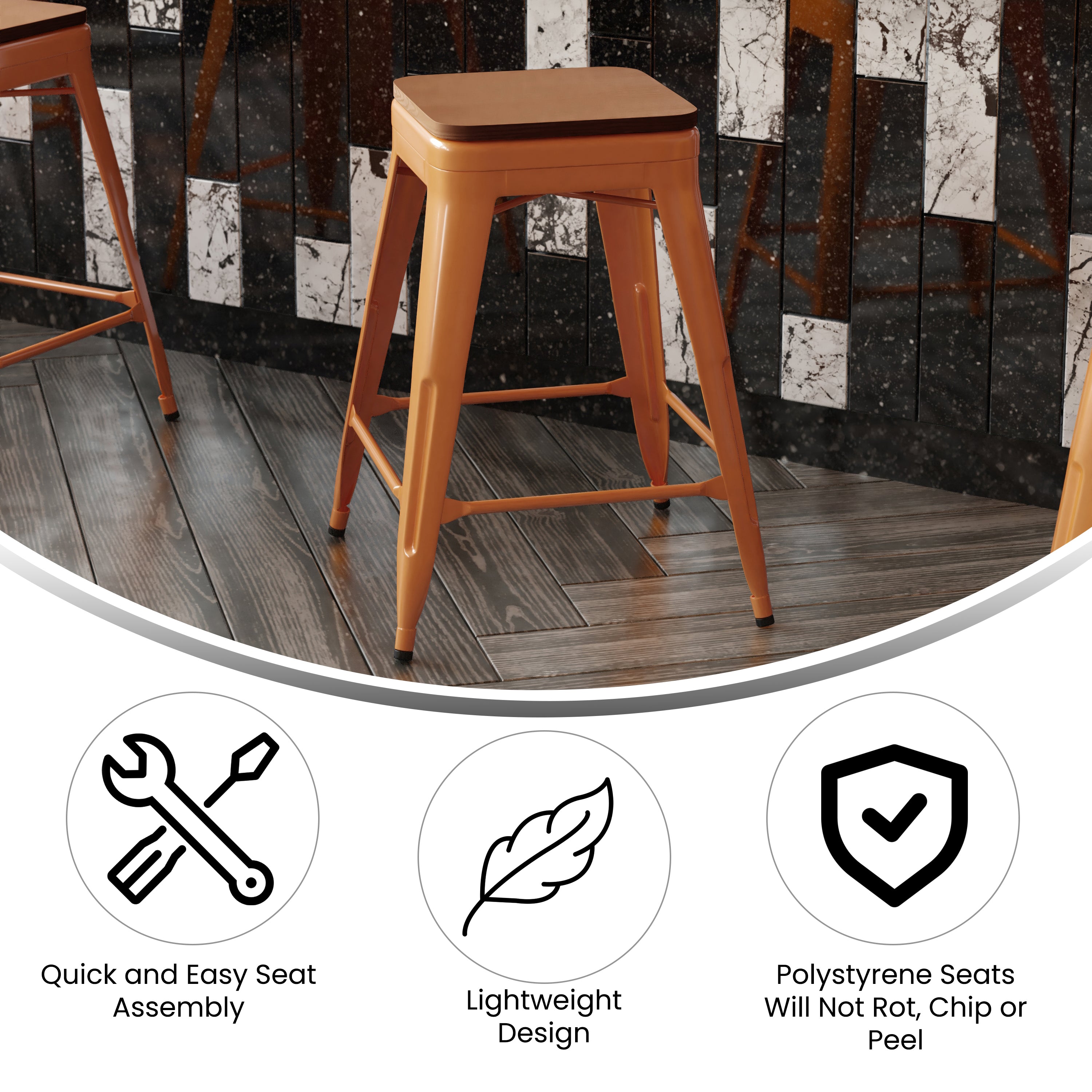 Kai Commercial Grade 24" High Backless Orange Metal Indoor-Outdoor Counter Height Stool with Teak Poly Resin Wood Seat